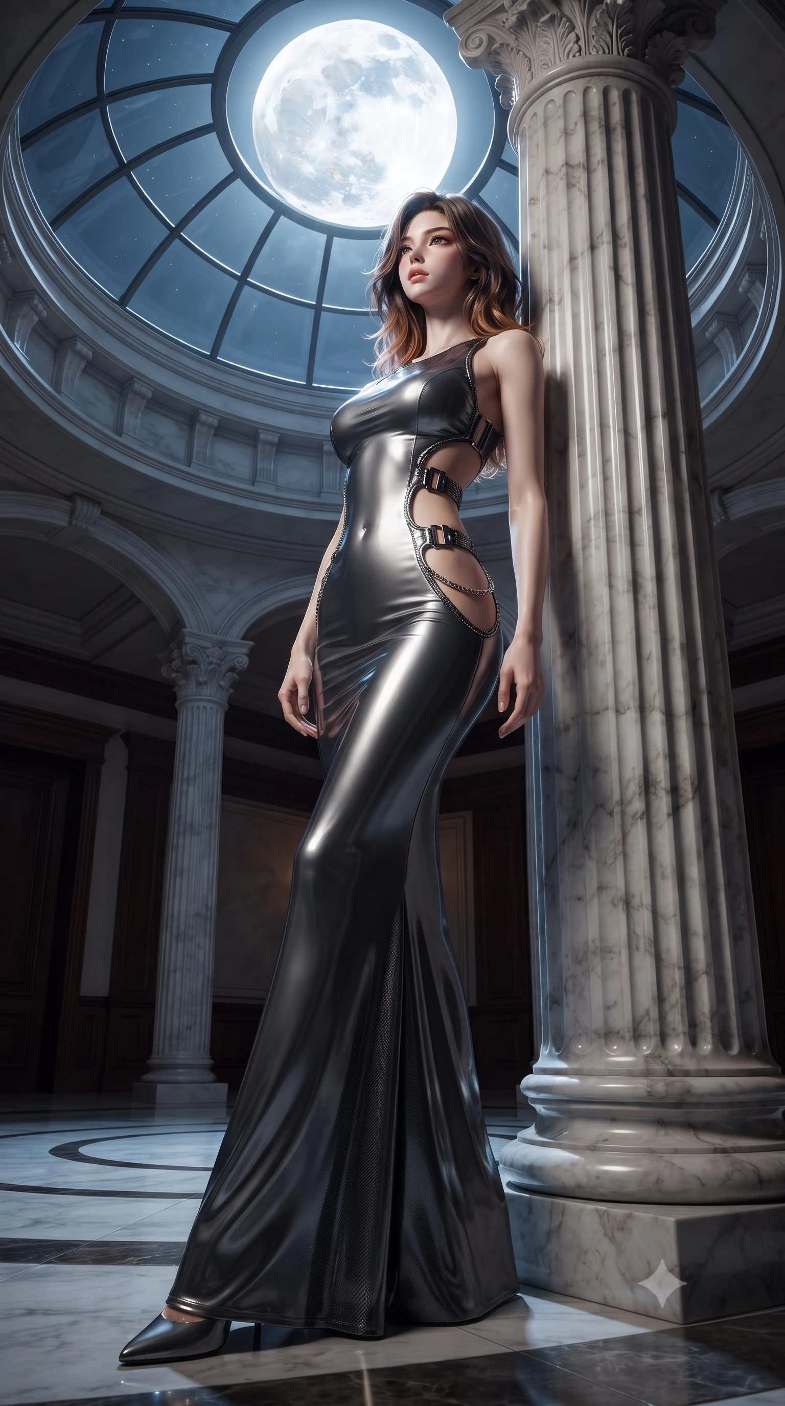 score_9, masterpiece, best quality, ultra-detailed, high-budget anime keyframe, editorial fashion photography, tasteful artistic composition, Korean woman. low angle full-body shot from head to toe showing her feet, filling the entire 9:16 vertical frame with her statuesque presence, stretching her vertical silhouette. navigating the private sanctuary with an effortless, graceful stride, resting against a carved marble column looking up at a full moon through glass, dramatic open-waist cutout gown emphasizing her ultra-slim waist. She has an absolutely perfect, statuesque 8.5-heads proportion, an exceptionally tall and slender model-like female figure with impossibly long slender legs and an ultra-slim waist. sharp v-shaped jawline, high-bridge nose, intricate jewel-like eyes with depth, thick eyelashes, glossy lips with a natural sheen. wearing precision-fitted bodycon dress in high-gloss liquid vinyl in metallic dark silver, made of matte carbon-fiber weave, framed by dark titanium buckles and silver chain details, highlighting her statuesque proportions and ultra-slim waistline. illuminated by brilliant cold silver moonlight filtering through glass dome panes. ultra-reflective glossy finish, specular highlights, metallic sheen, high-contrast stereoscopic depth, volumetric dynamic lighting, 2k, ultra detail, master piece, 9:16 ratio