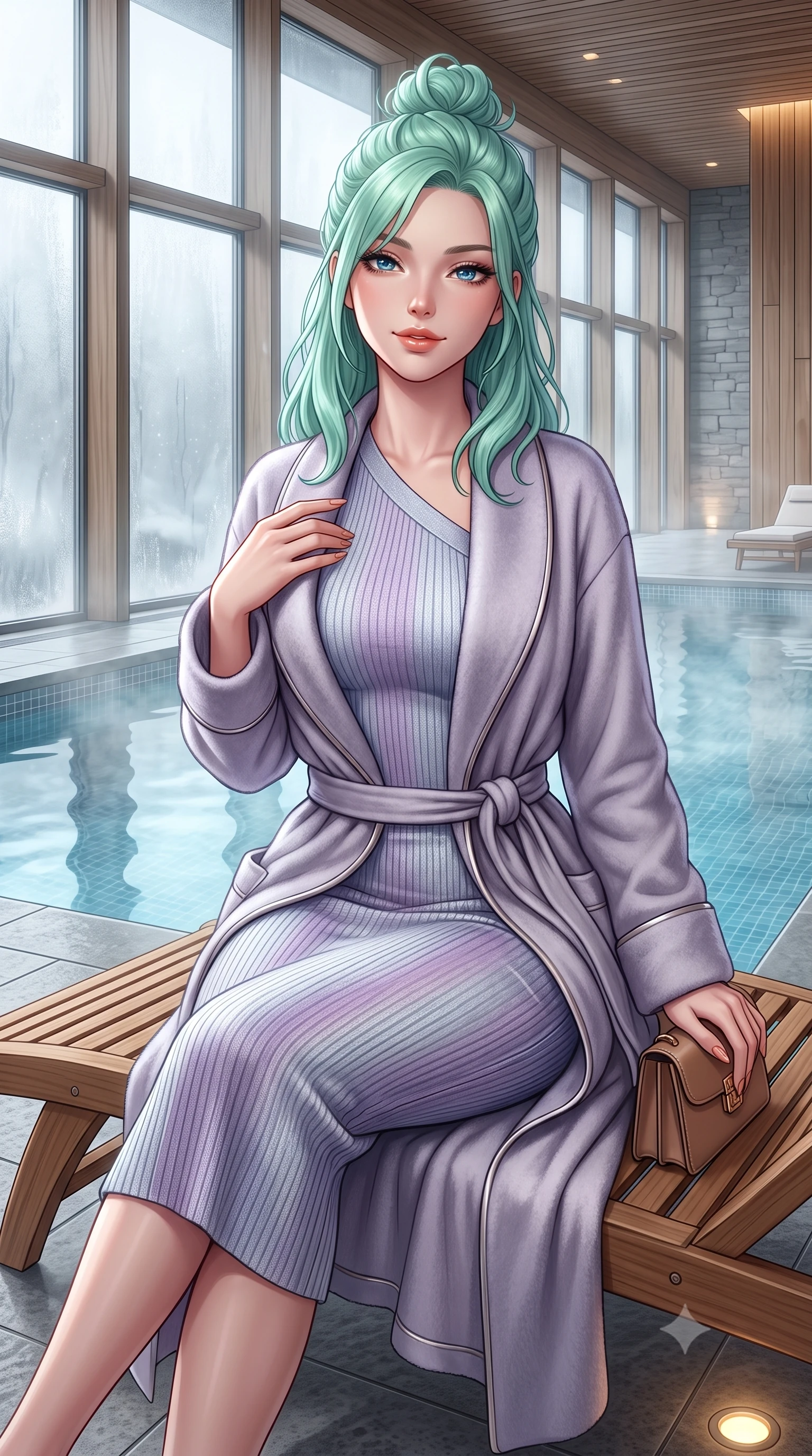 score_9, masterpiece, best quality, ultra-detailed, high-budget anime keyframe, semi-realistic 3D game render, editorial fashion photography, tasteful artistic composition, Japanese woman. close-up cowboy shot from the waist and thighs up, the character dominates the composition, filling the frame with her large presence. tilting her chin up with a teasing half-smile, running one manicured hand lightly along her lapel with effortless magnetic allure while sitting gracefully on an ergonomic teak chaise lounge beside the thermal relaxation pool, wrapped in a plush cashmere robe coat with quiet luxury. The surrounding environment is rendered in vivid detail and crisp panoramic clarity: detailed belted cashmere robe coat tailoring, silk piping borders, and master Swiss spa architecture in razor-sharp precision. She has an exceptionally elegant, slender, and willowy female figure with an ultra-slim waist, flat toned midriff, narrow ribcage, and sculpted feminine hips creating an alluring, slim hourglass silhouette without bulk. sharp v-shaped jawline, high-bridge nose, intricate jewel-like sparkling eyes with depth, thick eyelashes, glossy parted lips with a natural peach sheen, bright cheerful beaming smile with an enchanting and coquettish sensual glint, exuding both youthful cute charm and seductive allure, flawlessly proportioned anatomical accuracy, strict slender model proportions, natural body alignment, perfectly sculpted long slender limbs, ultra-slim waistline, clean dynamic posture without body distortion. wearing a body-hugging asymmetrical-wrap ribbed knit midi dress with fluid stretch fabric tracing her curvaceous hips in frosted mountain lavender and shimmering ice silver, crafted from buttery-soft stretch lambskin leather adhering to her body like a second skin, finished with a structured leather micro-bag held lightly at her hip, the glove-like clinging cut tightly following the natural contour of her hips and long slender legs with youthful 8.5-heads elegance. bathed in calm diffused winter daylight filtering through steamy glass panes combined with warm 2800K recessed floor lights. highly saturated vibrant anime colors, detailed shading with soft gradients, rich glossy textures, high-contrast stereoscopic depth, volumetric dynamic lighting, master piece, 9:16 ratio