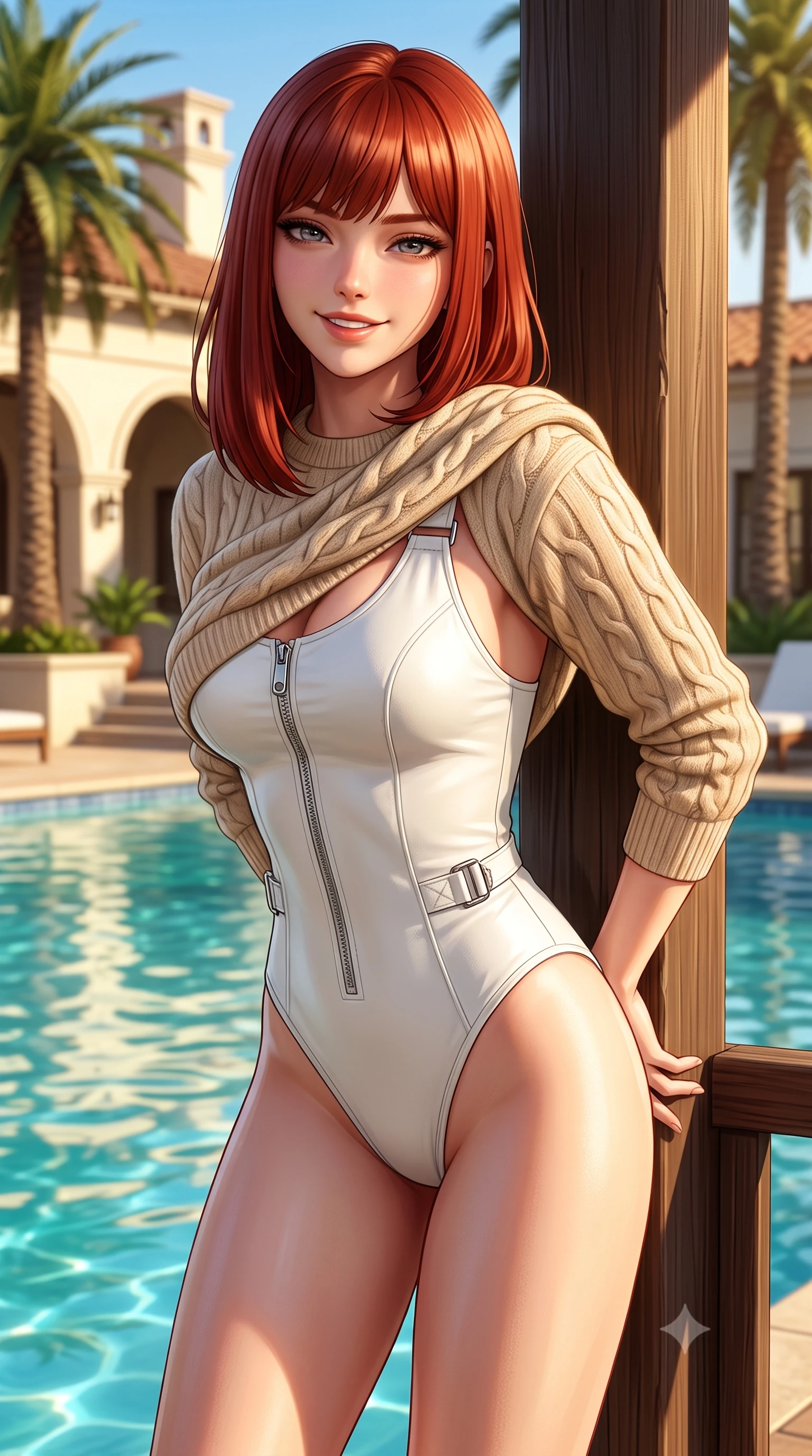 score_9, masterpiece, best quality, ultra-detailed, high-budget anime keyframe, semi-realistic 3D game render, editorial fashion photography, tasteful artistic composition, Caucasian woman. close-up cowboy shot from the waist and thighs up, the character dominates the composition, filling the frame with her large presence. resting both hands lightly behind her back while leaning toward the lens with a cheerful, teasing grin, her form-fitting athletic suit hugging her narrow waist and hip curve while leaning against the poolside cabana post with hips cocked back, casting an alluring bedroom-gaze past floating turquoise pool water. The surrounding environment is rendered in vivid detail and crisp panoramic clarity: detailed piqué polo texture, golden California sun on skin, and legendary country club architecture in razor-sharp precision. She has an exceptionally elegant, slender, and willowy female figure with an ultra-slim waist, flat toned midriff, narrow ribcage, and sculpted feminine hips creating an alluring, slim hourglass silhouette without bulk. sharp v-shaped jawline, high-bridge nose, sparkling eyes with athletic focus and depth, thick curled eyelashes, glossy parted lips with a natural coral-peach sheen, bright confident and coquettish smile with alluring bedroom-eyes, exuding both youthful sporty vigor and sovereign high-society glamour, flawlessly proportioned anatomical accuracy, strict slender model proportions, natural body alignment, perfectly sculpted long slender limbs, ultra-slim waistline, clean dynamic posture without body distortion. wearing a luxurious cashmere cable-knit tennis sweater draped over a liquid-tight white leather racerback bodysuit in warm oatmeal beige and deep Ferrari yellow, tailored from ultra-soft fine cashmere yarn with an airy athletic drape, finished with polished chrome zipper pulls and racing harness buckle hardware, the glove-like aerodynamic silhouette tightly following the natural contour of her hips and long slender legs with youthful 8.5-heads elegance. bathed in bright California afternoon sunbeams reflecting off sparkling pool water. highly saturated vibrant anime colors, detailed shading with soft gradients, rich glossy textures, high-contrast stereoscopic depth, volumetric dynamic lighting, master piece, 9:16 ratio
