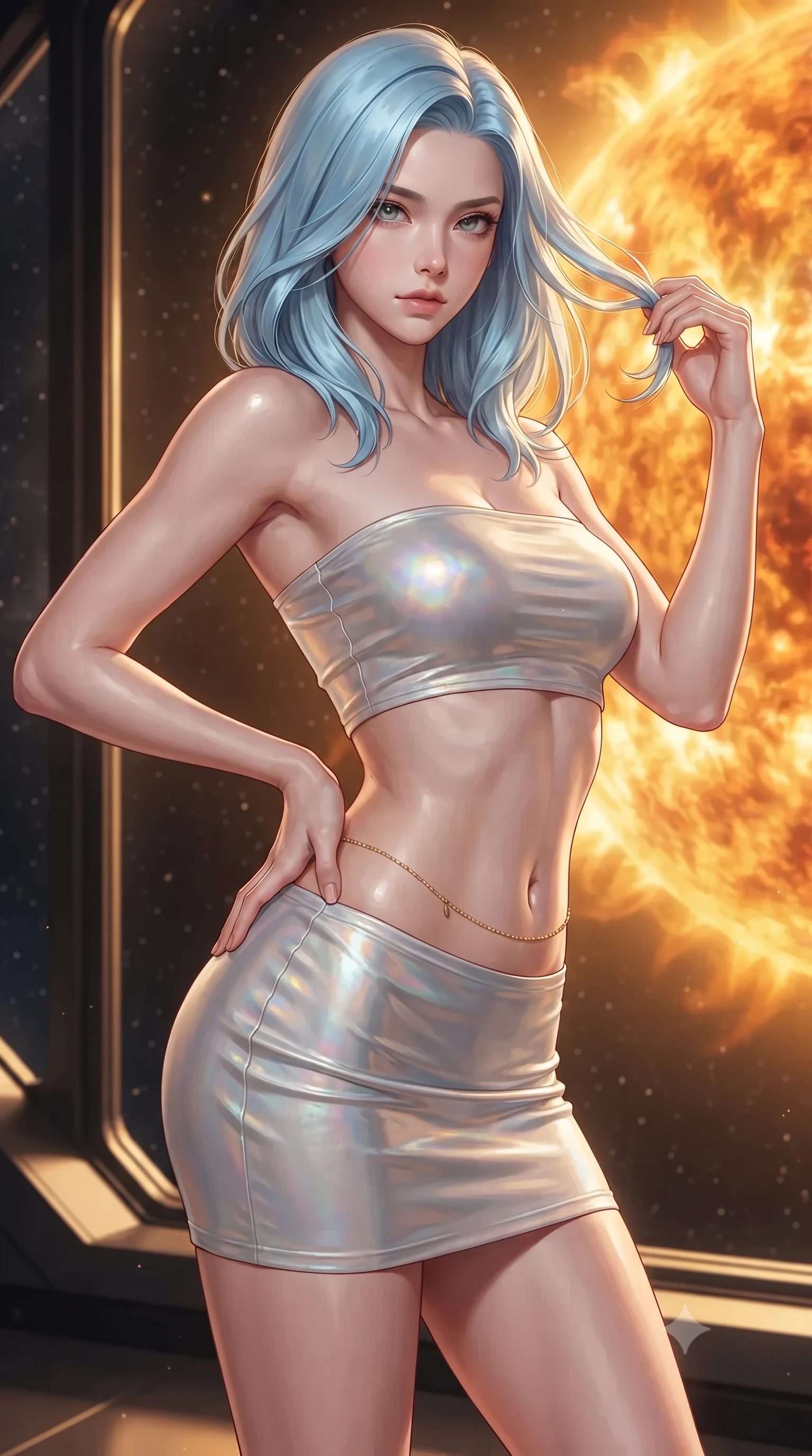 score_9, masterpiece, best quality, ultra-detailed, high-budget anime keyframe, editorial fashion photography, tasteful artistic composition, Korean woman. close-up cowboy shot from the waist and thighs up, the character dominates the composition, filling the frame with her large presence. twisting her slender torso in an alluring contrapposto stance, one hand resting on her sculpted hip while her fingers toy with her hair with effortless poise while standing poised beside the mammoth panoramic megastructure window overlooking a blazing stellar corona, arching her lower back with god-like siren grace. The background shows a soft-focus ambient atmospheric particulate glow softened in deep-space Dyson structure shallow focus. She has an exceptionally elegant, slender, and willowy female figure with an ultra-slim waist, flat toned midriff, narrow ribcage, and sculpted feminine hips creating an alluring, slim hourglass silhouette without bulk. sharp v-shaped jawline, high-bridge nose, intricate jewel-like sparkling eyes with depth, thick eyelashes, glossy parted lips with a natural peach sheen, bright cheerful beaming smile with an enchanting and coquettish sensual glint, exuding both youthful cute charm and seductive allure, flawlessly proportioned anatomical accuracy, strict slender model proportions, natural body alignment, perfectly sculpted long slender limbs, ultra-slim waistline, clean dynamic posture without body distortion. wearing an ultra-cropped tech-wear bandeau top paired with a micro mini skirt revealing her flat toned midriff in iridescent mother-of-pearl and liquid molten silver, crafted from fluid liquid silk satin that clings smoothly to her narrow waist and rounded hips with a dewy sheen, accented with a dainty gold belly chain resting across her flat midriff and curving hips, the impeccably tailored cut draping gracefully along her slender figure with aristocratic poise. bathed in the blinding warm golden 4000K solar radiance filtered through polarizing quantum smart-glass. ultra-reflective glossy finish, specular highlights, rich textural contrasts, high-contrast stereoscopic depth, volumetric dynamic lighting, 2k, ultra detail, master piece, 9:16 ratio