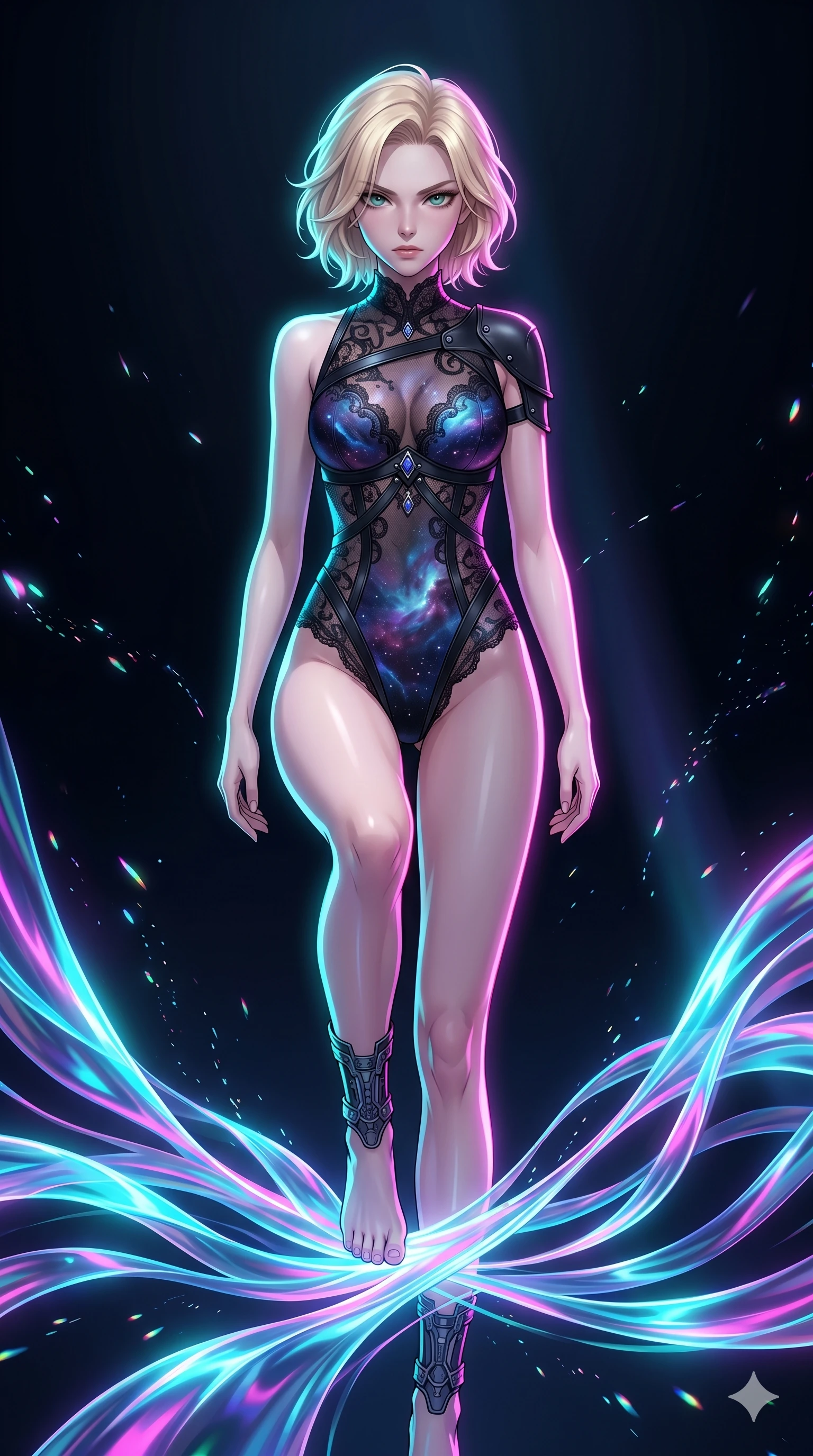 score_9, masterpiece, best quality, ultra-detailed, high-budget anime keyframe, Japanese woman. upper body close-up from the thighs up, character filling the screen for maximum presence. stepping on holographic fluid ribbons of sound that ripple with cyan and magenta light in a dark virtual void. She has an absolutely perfect 8-heads proportion, an exceptionally tall and slender female figure with impossibly long slender legs and an ultra-slim waist. V-shaped jawline, high-bridge nose, intricate jewel-like eyes with depth, thick eyelashes, glossy lips with a natural sheen.. wearing a gothic nebula lace bodysuit, featuring a sheer black lace bodysuit with cosmic nebula patterns, reinforced by matte leather straps. bathed in brilliant cinematic volumetric lighting and intense neon rim light highlighting her slender form. 2k, ultra detail, master piece, 9:16 ratio