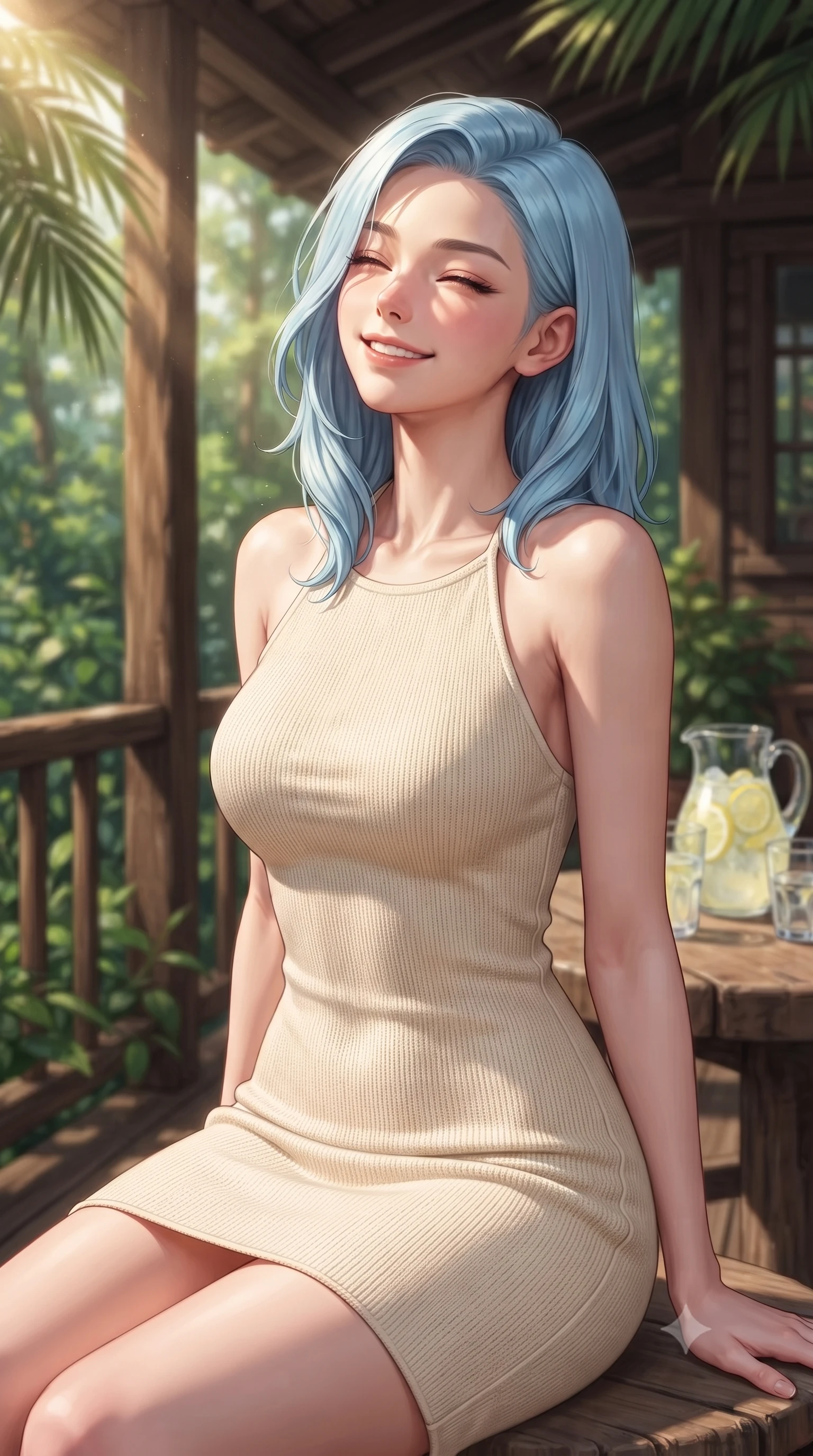 score_9, masterpiece, best quality, ultra-detailed, high-budget anime keyframe, editorial fashion photography, tasteful artistic composition, Korean woman. close-up cowboy shot from the waist and thighs up, the character dominates the composition, filling the frame with her large presence, background elements kept in soft focus. smiling happily with closed eyes, enjoying the warm sunbeams on her face set against a soft-focus background of on a rustic wooden veranda of a cozy forest lodge surrounded by greenery with a pitcher of cold lemonade and glasses on a rustic wooden table. She has an exceptionally elegant, slender, and willowy female figure with an ultra-slim waist, a gracefully sculpted slender torso, and a refined silhouette. sharp v-shaped jawline, high-bridge nose, intricate jewel-like eyes with depth, thick eyelashes, glossy lips with a natural sheen. wearing tailored sleek, tight-fitting knit halter dress in cream, tracing her slender silhouette. soft afternoon sunbeams filtering through the palm leaves, casting gentle shadows. highly saturated vibrant anime colors, detailed shading with soft gradients, rich glossy textures, high-contrast stereoscopic depth, volumetric dynamic lighting, master piece, 9:16 ratio