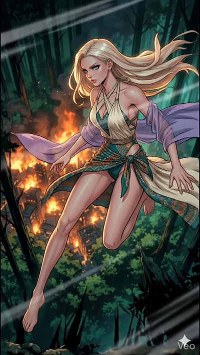 An 8-second anime sequence featurin a blonde woman in an ethereal teal and white outfit jumpin across a dark forest overlookin a burnin city. The camera pans down to show the lowin orane flames of the cityscape below. Her lon hair and purple silk sca