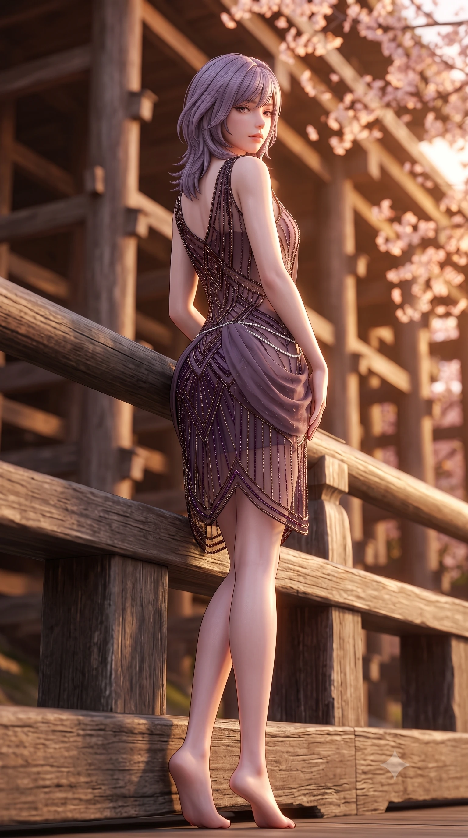 score_9, masterpiece, best quality, ultra-detailed, high-budget anime keyframe, semi-realistic 3D game render, editorial fashion photography, tasteful artistic composition, Japanese woman. low angle full-body shot from head to toe showing her feet, filling the entire 9:16 vertical frame with her statuesque presence, stretching her vertical silhouette. posing with back turned slightly to the lens, glancing back with smoldering allure as she arches her lower back to emphasize her sculpted feminine hips and slender waist while leaning against the massive weathered cypress railing with hips cocked back, looking over her shoulder with peaceful, seductive bedroom-eyes. The composition keeps background elements in soft focus with creamy bokeh. massive interlocking timber pillar structures below the stage softened in romantic Kyoto shallow focus. She has an exceptionally tall and slender model-like 8.5-heads proportion, an ultra-slim waist, a flat toned midriff, narrow delicate ribcage, and beautifully sculpted feminine hips creating a graceful, slim hourglass silhouette without any bulky heaviness, with impossibly long slender legs. sharp v-shaped jawline, high-bridge nose, intricate jewel-like eyes with depth, thick eyelashes, glossy parted lips with a natural sheen, intensely captivating and seductive bedroom-eyes expression, flawlessly proportioned anatomical accuracy, strict slender model proportions, natural body alignment, perfectly sculpted long slender limbs, ultra-slim waistline, clean dynamic posture without body distortion. wearing a sheer vintage mesh flapper dress adorned with intricate geometric beadwork over an opaque silk slip in deep plum violet and antique bronze, woven from layered gossamer chiffon with a weightless sweeping drape, accented with a dainty diamond waist chain catching the ambient light reflections, the liquid-tight tailored fabric clinging flawlessly to her narrow waist and rounded feminine hips, emphasizing every millimeter of her sculpted slim hourglass curves without any bulky heaviness. bathed in breathtaking golden hour sunset backlighting filtered through cherry blossom branches. highly saturated vibrant anime colors, detailed shading with soft gradients, rich glossy textures, high-contrast stereoscopic depth, volumetric dynamic lighting, master piece, 9:16 ratio