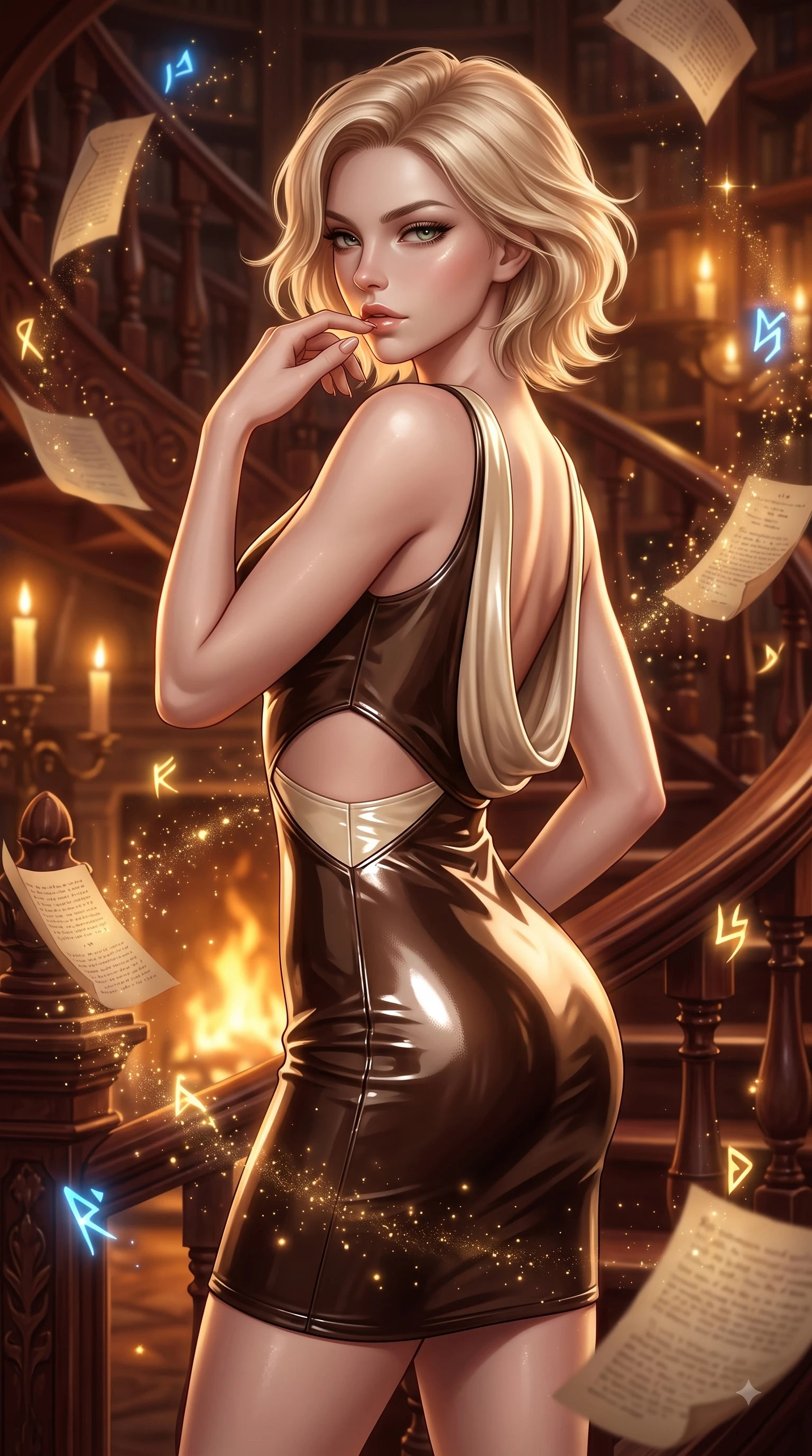 score_9, masterpiece, best quality, ultra-detailed, high-budget anime keyframe, editorial fashion photography, tasteful artistic composition, Caucasian woman. close-up cowboy shot from the waist and thighs up, the character dominates the composition, filling the frame with her large presence, background elements kept in soft focus. Resting two fingers near her glossy lips, casting a sharp mysterious side-gaze during her dynamic motion while pivoting gracefully on a mahogany spiral staircase, casting a seductive sidelong gaze over her shoulder, floating paper pages and glowing spell runes scattering golden starlight dust motes. She has an exceptionally elegant, slender, and willowy female figure with an ultra-slim waist, a gracefully sculpted slender torso, and a refined silhouette. sharp v-shaped jawline, high-bridge nose, intricate jewel-like eyes with depth, thick eyelashes, glossy lips with a natural sheen, flawlessly proportioned anatomical accuracy, natural body alignment, perfectly sculpted elegant limbs, clean dynamic posture without body distortion. wearing a precision-fitted liquid jersey bodycon dress with a graceful draped back in espresso brown and warm cream, tailored from high-gloss patent leather, featuring subtle geometric cutouts that highlight her ultra-slim midriff, the tailored fabric tightly following every curve of her athletic build. bathed in rich amber candlelight and warm golden hearth flame backlighting. ultra-reflective glossy finish, specular highlights, metallic sheen, high-contrast stereoscopic depth, volumetric dynamic lighting, 2k, ultra detail, master piece, 9:16 ratio