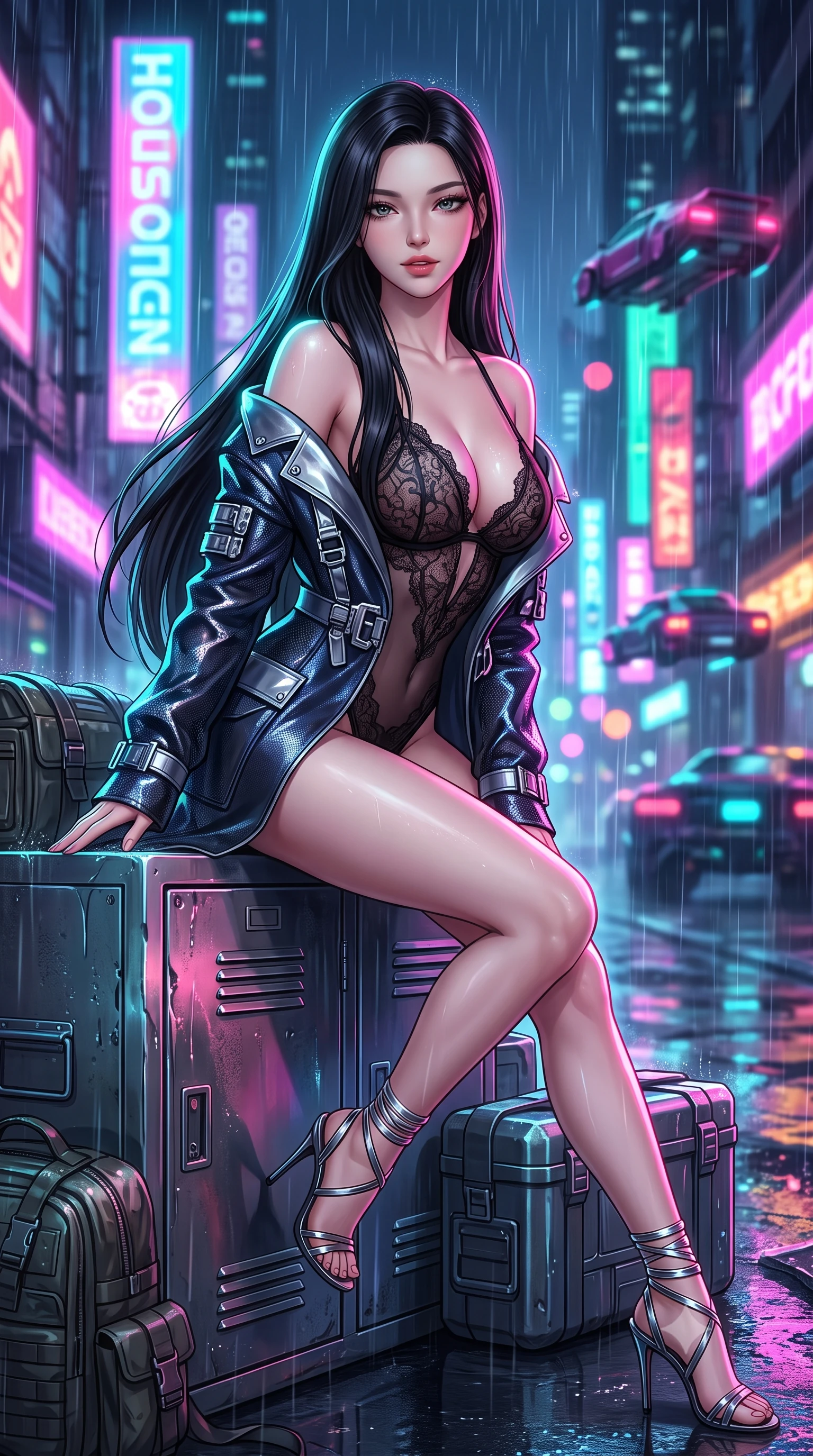 score_9, masterpiece, best quality, ultra-detailed, high-budget anime keyframe, semi-realistic 3D game render, editorial fashion photography, tasteful artistic composition, Korean woman. close-up cowboy shot from the waist and thighs up, the character dominates the composition, filling the frame with her large presence. leaning forward while arching her lower back to accentuate her curvy hips, looking into the camera with an intoxicating smoldering gaze and bedroom-eyes while lounging gracefully on the heated steel equipment locker with legs extended, displaying her long slender legs and statuesque hourglass silhouette amid rain-slicked neon. The background shows a soft-focus towering vertical holographic neon billboards, dripping rain curtains, and swarms of hovering tactical aerocars blurred into fuchsia, turquoise, and amber bokeh. She has an exceptionally elegant, slender, and willowy female figure with an ultra-slim waist, flat toned midriff, narrow ribcage, and sculpted feminine hips creating an alluring, slim hourglass silhouette without bulk. sharp v-shaped jawline, high-bridge nose, intricate jewel-like sparkling eyes with depth, thick eyelashes, glossy parted lips with a natural peach sheen, bright cheerful beaming smile with an enchanting and coquettish sensual glint, exuding both youthful cute charm and seductive allure, flawlessly proportioned anatomical accuracy, strict slender model proportions, natural body alignment, perfectly sculpted long slender limbs, ultra-slim waistline, clean dynamic posture without body distortion. wearing a delicate sheer French Chantilly lace teddy layered under an open tailored tactical combat blazer draped over bare shoulders in midnight carbon navy and polished chrome, crafted from stretch micro-mesh with liquid foil coating that shimmers with every movement, complemented by strappy stiletto sandals with metallic ankle wraps accentuating her slender calves, the glove-like clinging cut tightly following the natural contour of her hips and long slender legs with youthful 8.5-heads elegance. illuminated by wet pavement reflection bounce and sharp laser-cyan rim lights defining her jawline, narrow waist, and curvy hips. highly saturated vibrant anime colors, detailed shading with soft gradients, rich glossy textures, high-contrast stereoscopic depth, volumetric dynamic lighting, master piece, 9:16 ratio