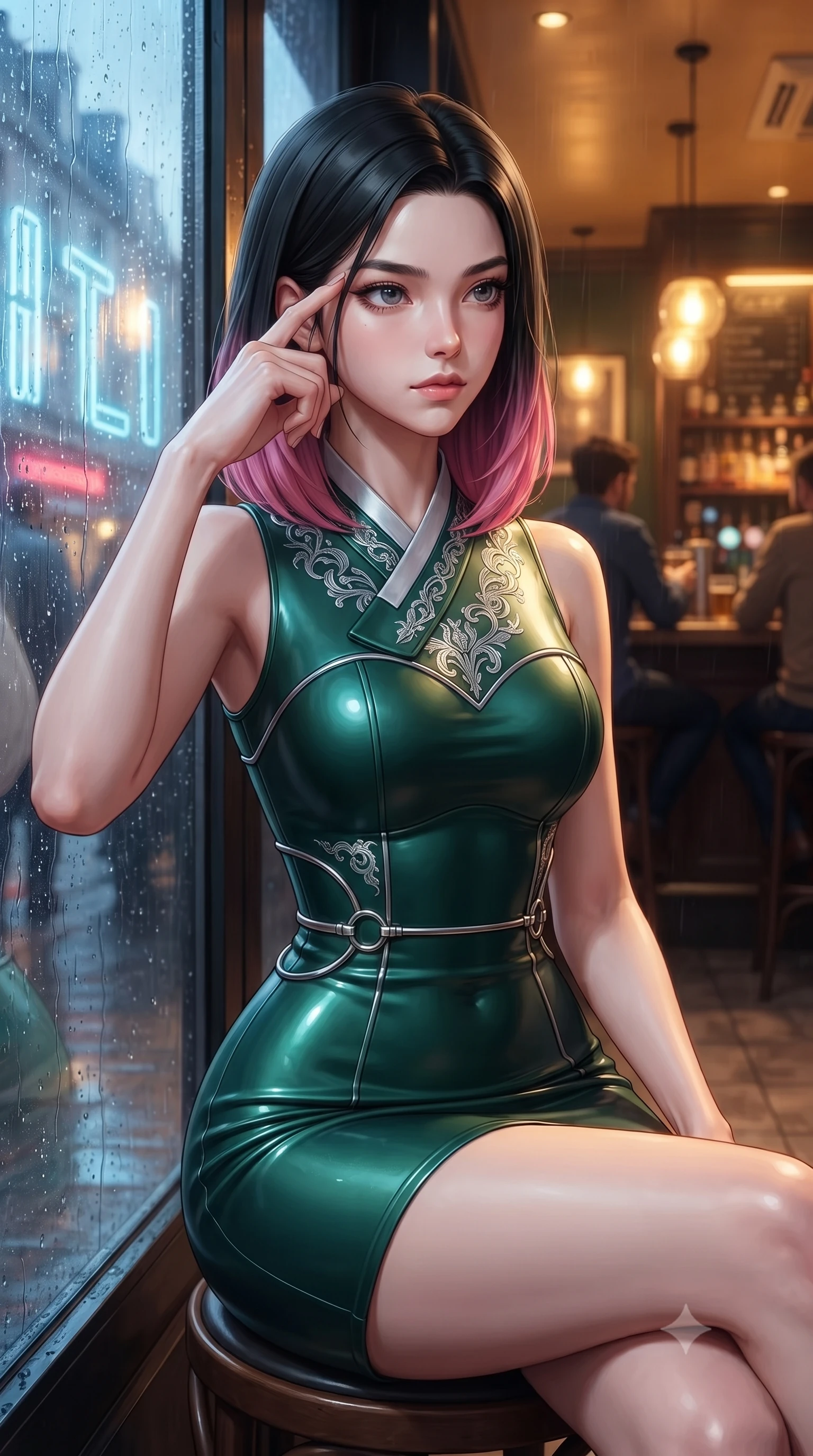 score_9, masterpiece, best quality, ultra-detailed, high-budget anime keyframe, editorial fashion photography, tasteful artistic composition, Korean woman. close-up cowboy shot from the waist and thighs up, the character dominates the composition, filling the frame with her large presence, background elements kept in soft focus. Pressing two fingers to her temple in a composed thoughtful gesture with an air of magnetic charisma sitting by the wet glass window of a trendy European café during a gentle rainfall, warm indoor cafe glow contrasting beautifully with cool rainy street lighting. She has an exceptionally elegant, slender, and willowy female figure with an ultra-slim waist, a gracefully sculpted slender torso, and a refined silhouette. sharp v-shaped jawline, high-bridge nose, intricate jewel-like eyes with depth, thick eyelashes, glossy lips with a natural sheen. wearing a modern fusion silk hanbok dress with a structured bodice in deep emerald green and silver accent, formed from sleek second-skin neoprene, accented with delicate chrome ring hardware framing her waist, the tailored fabric tightly following every curve of her athletic build. illuminated by warm indoor golden amber light and cool rainy blue neon rim light. ultra-reflective glossy finish, specular highlights, metallic sheen, high-contrast stereoscopic depth, volumetric dynamic lighting, 2k, ultra detail, master piece, 9:16 ratio