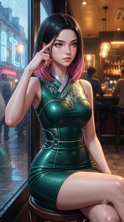score_9, masterpiece, best quality, ultra-detailed, high-budget anime keyframe, editorial fashion photography, tasteful artistic composition, Korean woman. close-up cowboy shot from the waist and thighs up, the character dominates the composition, fi