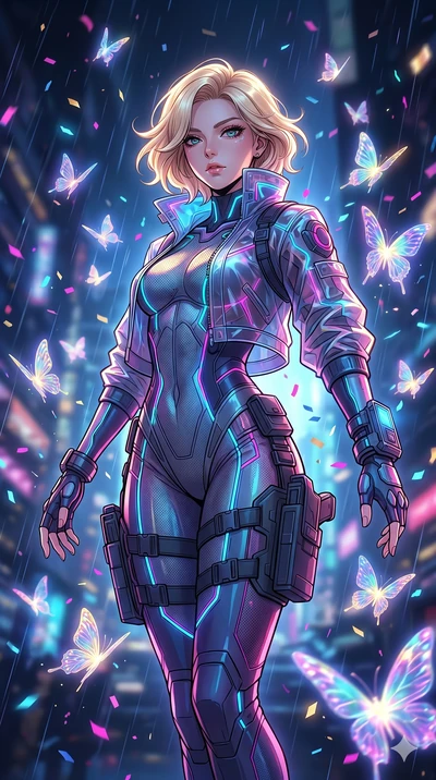 score_9, masterpiece, best quality, ultra-detailed, high-budget anime movie keyframe, cinematic anime lighting, intricate line art, Japanese woman. Low angle cowboy shot capturing a powerful motion and statuesque presence. spinning in a rain of confe