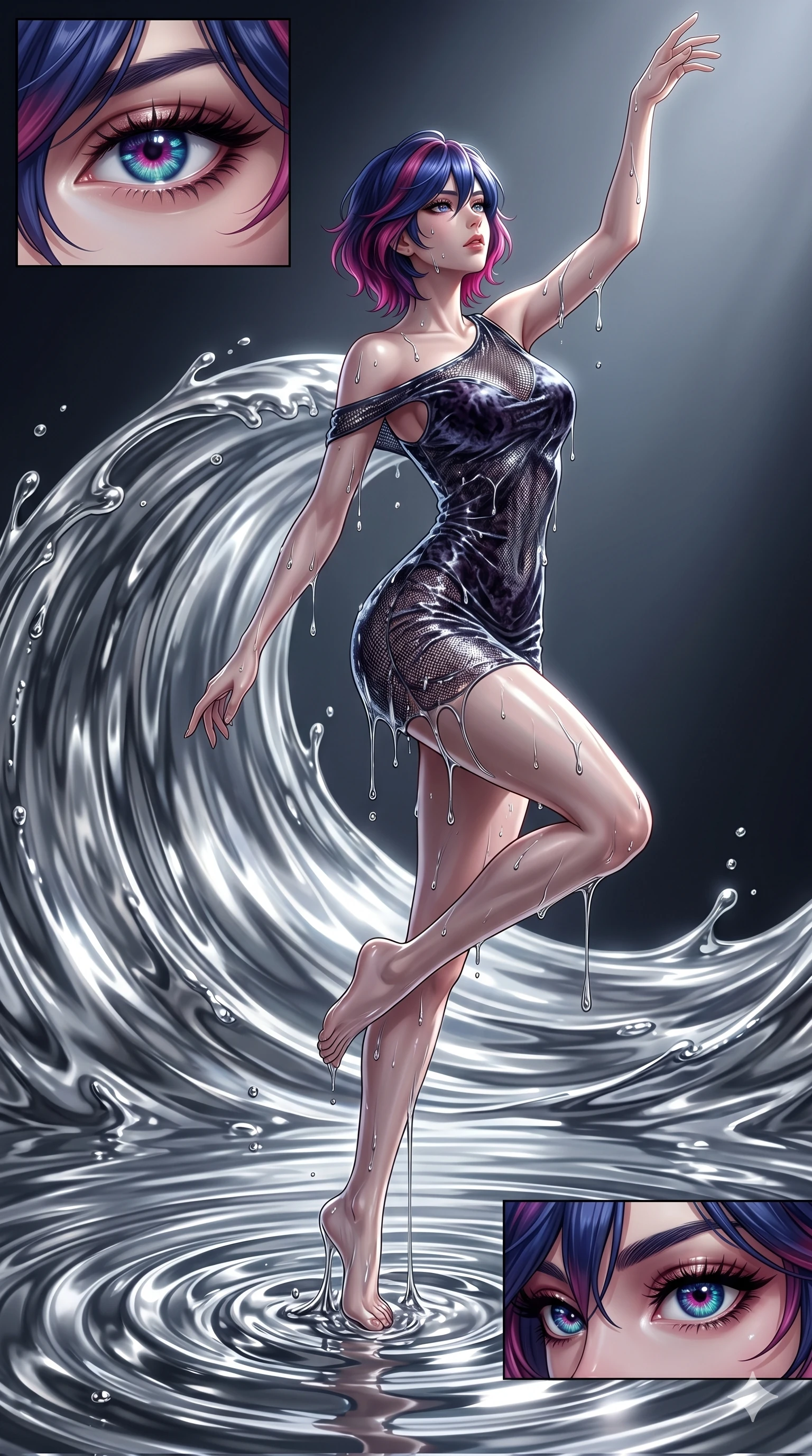 score_9, masterpiece, best quality, ultra-detailed, High-budget Anime Keyframe, East Asian woman. Dynamic full-body shot stretching the vertical silhouette to the limit. Scenario 284: Rising from a pool of mercury-like liquid, droplets rolling off her skin. Her presence is magnetic and overpowering in this high-budget anime scene. Outfit 284: A crushed dark velvet micro-mesh with a low-cut shoulder and wet-look texture. The clothing is designed to emphasize her exceptionally tall and slender 8-heads proportion. 8-heads proportion, towering silhouette, ultra-slim waist. sharp v-shaped jawline, intricate jewel-like eyes with depth, thick eyelashes, glossy lips. 2k, ultra detail, master piece, 9:16 ratio