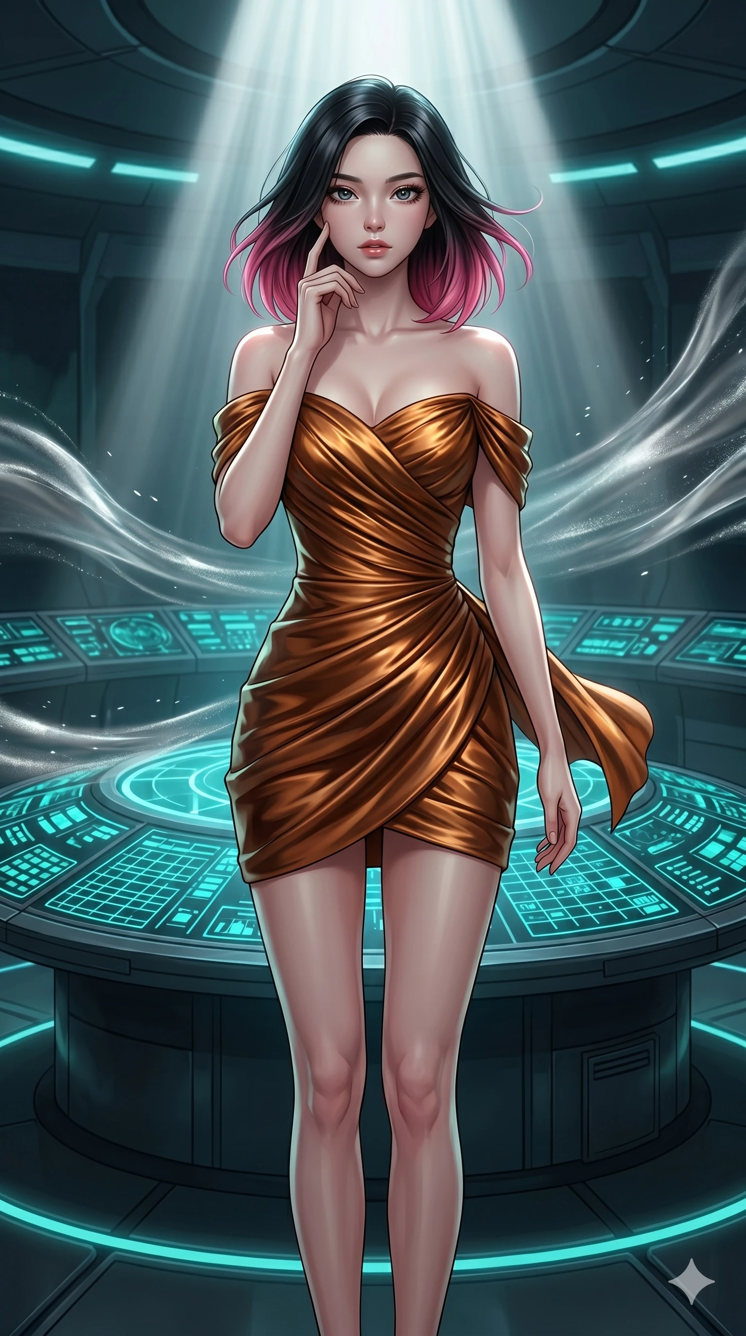 score_9, masterpiece, best quality, ultra-detailed, high-budget anime keyframe, editorial fashion photography, tasteful artistic composition, Korean woman. cowboy shot from the thighs up, character and outfit filling the frame for maximum editorial presence. Touching the side of her face with a single finger, her expression contemplative and serene inside a futuristic control room with circular console desks glowing in turquoise light, with gentle gusts of silver wind blowing through the space. She has an absolutely perfect 8-heads proportion, an exceptionally tall and slender female figure with impossibly long slender legs and an ultra-slim waist. V-shaped jawline, high-bridge nose, intricate jewel-like eyes with depth, thick eyelashes, glossy lips with a natural sheen. wearing an off-shoulder mini dress draped in molten bronze fabric that catches highlights with every contour. lit by a single overhead spotlight casting sharp volumetric rays of white light on her figure. 2k, ultra detail, master piece, 9:16 ratio