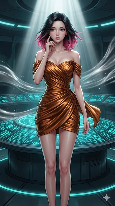 score_9, masterpiece, best quality, ultra-detailed, high-budget anime keyframe, editorial fashion photography, tasteful artistic composition, Korean woman. cowboy shot from the thighs up, character and outfit filling the frame for maximum editorial p