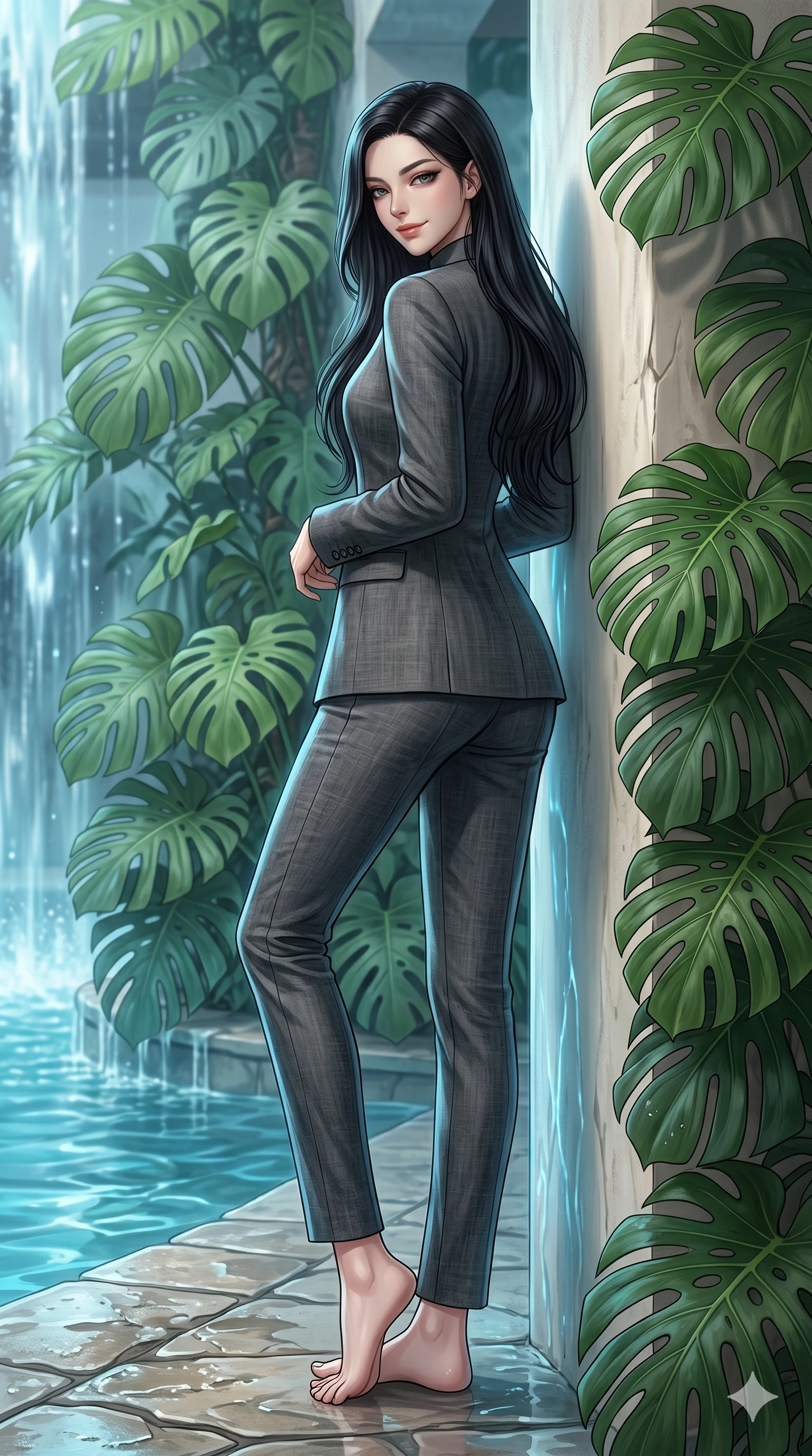 score_9, masterpiece, best quality, ultra-detailed, high-budget anime keyframe, editorial fashion photography, tasteful artistic composition, Korean woman. low angle full-body shot from head to toe showing her feet, filling the entire 9:16 vertical frame with her statuesque presence, stretching her vertical silhouette. leaning against a resort wall, looking over her shoulder with a smoldering half-smile by a tropical waterfall pool surrounded by lush green monstera leaves (Code-P19-036). She has an absolutely perfect 8-heads proportion, an exceptionally tall and slender female figure with impossibly long slender legs and an ultra-slim waist. V-shaped jawline, high-bridge nose, intricate jewel-like eyes with depth, thick eyelashes, glossy lips with a natural sheen. wearing a tailored high-neck blazer in charcoal linen with matching trousers. cool, ethereal blue-water reflections from all sides, outlining her tall slender figure. 2k, ultra detail, master piece, 9:16 ratio