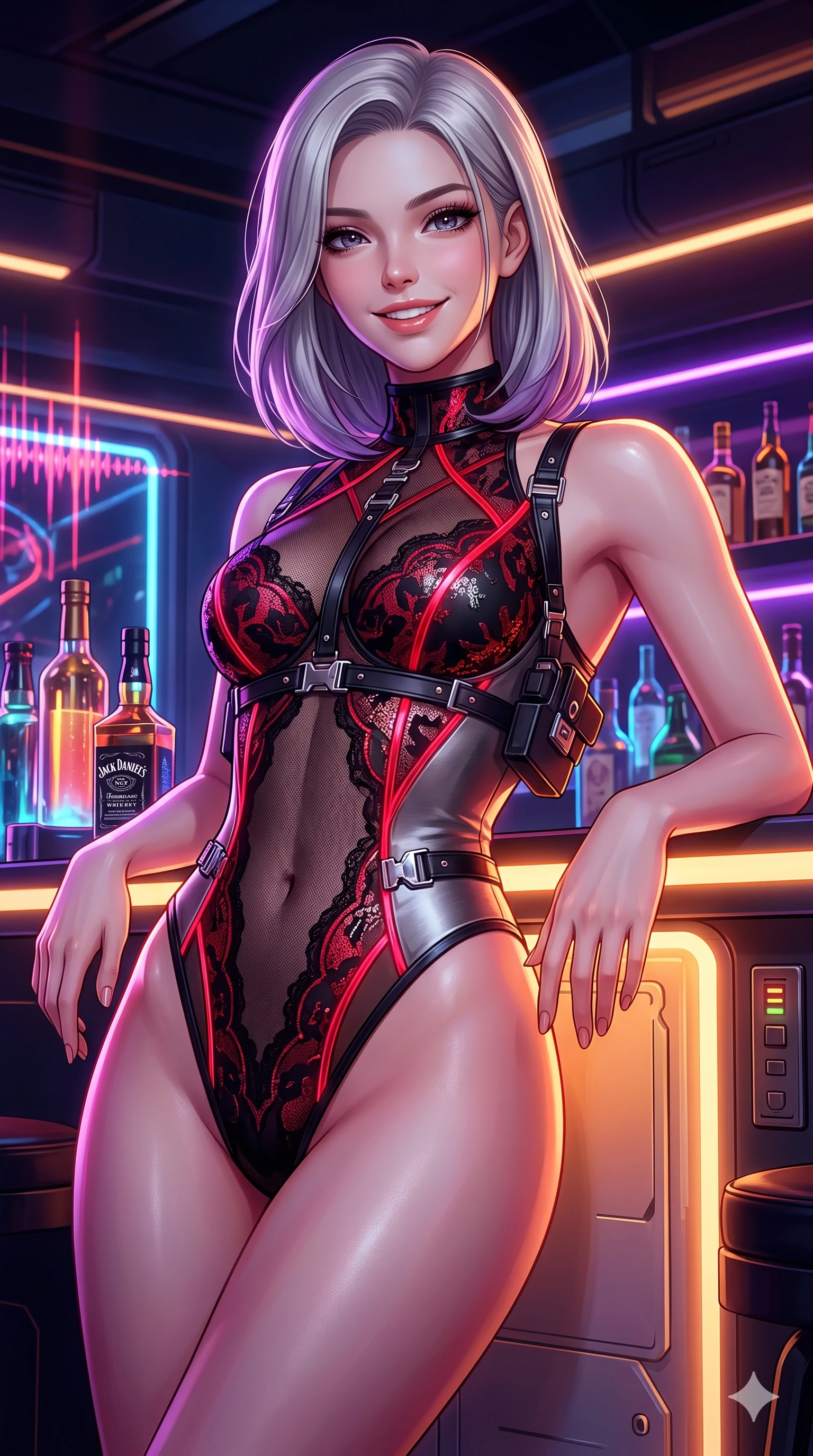 score_9, masterpiece, best quality, ultra-detailed, high-budget anime keyframe, semi-realistic 3D game render, editorial fashion photography, tasteful artistic composition, Caucasian woman. close-up cowboy shot from the waist and thighs up, the character dominates the composition, filling the frame with her large presence. leaning back against the glowing maintenance bulkhead with relaxed seductive grace, her flat midriff and narrow waist highlighted as laser ambient light traces her curves while twisting her slender torso in an alluring S-curve, glowing liquor bottle illumination and soundwave lasers tracing her flat midriff and hourglass curves. The surrounding environment is rendered in vivid detail and crisp panoramic clarity: detailed vinyl crop top tailoring, delicate strap hardware, and luxurious underground lounge interior in razor-sharp precision. She has an exceptionally elegant, slender, and willowy female figure with an ultra-slim waist, flat toned midriff, narrow ribcage, and sculpted feminine hips creating an alluring, slim hourglass silhouette without bulk. sharp v-shaped jawline, high-bridge nose, intricate jewel-like sparkling eyes with depth, thick eyelashes, glossy parted lips with a natural sheen, bright confident smile with an enchanting and coquettish sensual glint, exuding both youthful magnetic charm and sovereign high-tech allure, flawlessly proportioned anatomical accuracy, strict slender model proportions, natural body alignment, perfectly sculpted long slender limbs, ultra-slim waistline, clean dynamic posture without body distortion. wearing a provocative sheer-illusion nanotech lace bodysuit with strategic metallic foil flocking and high-cut leg openings in midnight black lacquer and vibrant scarlet neon, tailored from brushed aeronautical titanium alloy with matte satin sheen, finished with polished chrome buckle hardware and modular magnetic holster clasps, the impeccably tailored cut draping gracefully along her slender figure with aristocratic poise. illuminated by counter surface bounce and sharp amber-violet rim lights sculpting her razor-sharp jawline, narrow waist, and curvy hips. highly saturated vibrant anime colors, detailed shading with soft gradients, rich glossy textures, high-contrast stereoscopic depth, volumetric dynamic lighting, master piece, 9:16 ratio