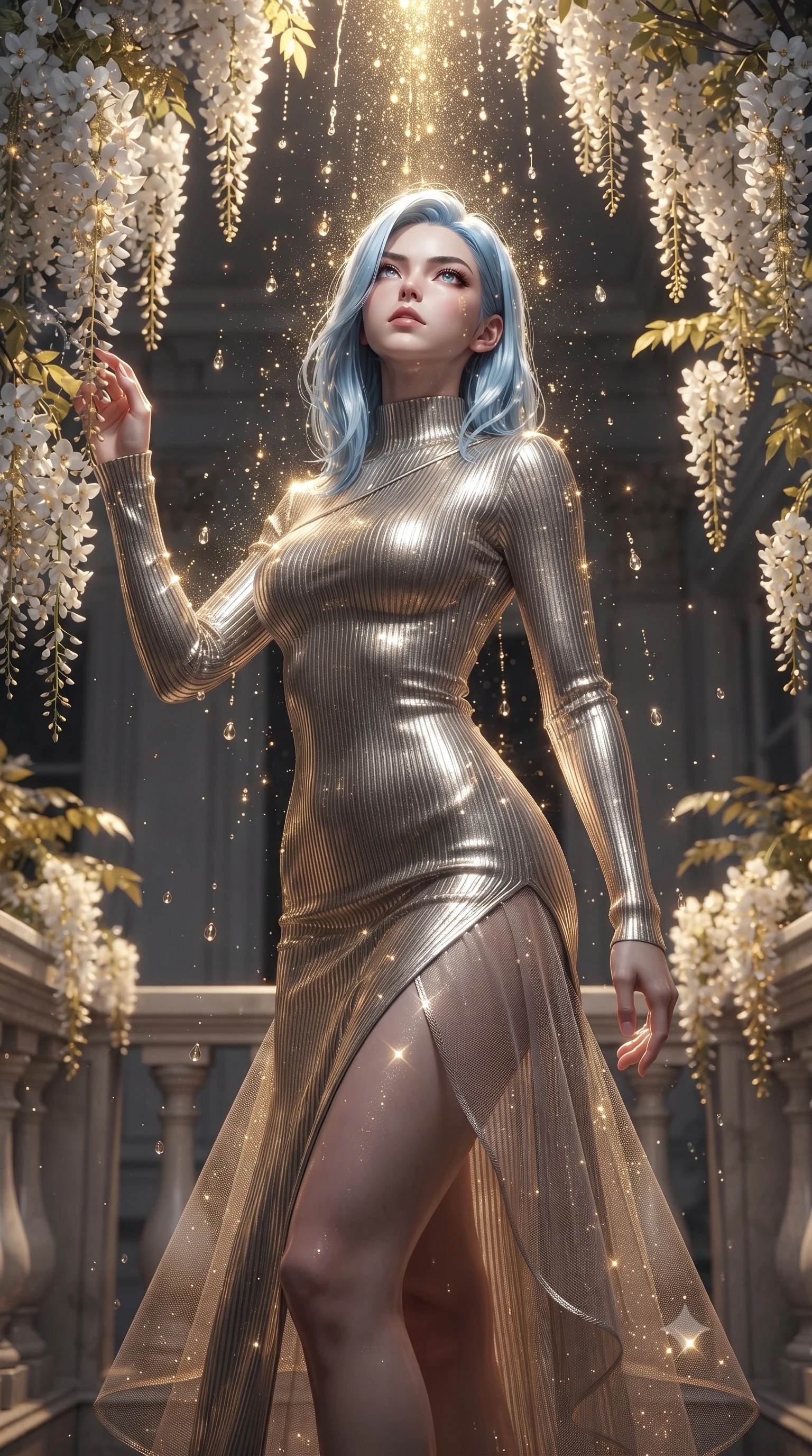 score_9, masterpiece, best quality, ultra-detailed, High-budget Anime Keyframe, editorial fashion photography, tasteful artistic composition, realistic cosplay photography, East Asian woman. Low angle cowboy shot filling the entire 9:16 frame with her statuesque presence. Scenario 336: showering under a cascade of glittering gold stardust inside a quiet balcony surrounded by trailing white wisteria flowers. Her presence is magnetic and overpowering in this high-budget cinematic scene. Outfit 336: a body-hugging ribbed bodycon knit second with a thigh-high slit and translucent layers. The clothing is designed to emphasize her exceptionally tall and slender 8-heads proportion. 8-heads proportion, towering silhouette, ultra-slim waist. sharp v-shaped jawline, intricate jewel-like eyes with depth, thick eyelashes, glossy lips. ultra-reflective glossy finish, specular highlights, metallic sheen, high-contrast stereoscopic depth, volumetric dynamic lighting, 2k, ultra detail, master piece, 9:16 ratio