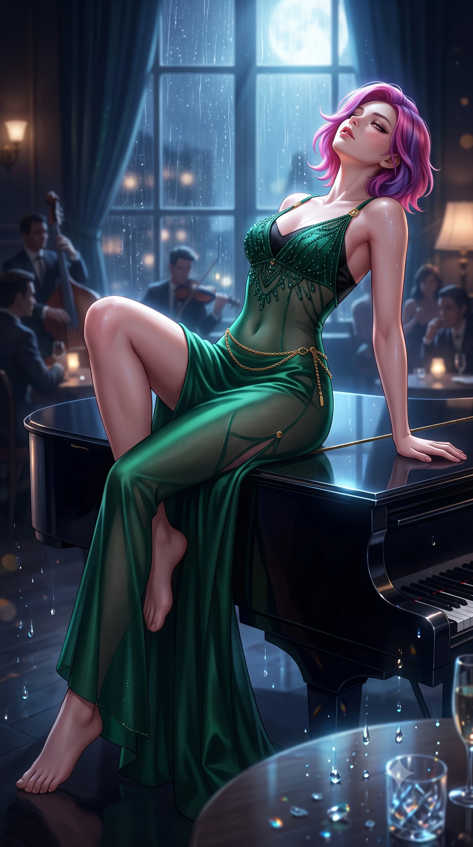 score_9, masterpiece, best quality, ultra-detailed, high-budget anime keyframe, semi-realistic 3D game render, editorial fashion photography, tasteful artistic composition, Caucasian woman. low angle full-body shot from head to toe showing her feet, filling the entire 9:16 vertical frame with her statuesque presence, stretching her vertical silhouette. reclining on her side in an elegant Cleopatra pose with one knee drawn up, the dramatic contour of her rounded hips and long slender legs commanding the 9:16 vertical frame while stretching languidly on the piano lid with one knee raised and head tilted back in musical ecstasy, moonlight tracing her throat and hips. The composition keeps background elements in soft focus with creamy bokeh. streaming glass raindrop tracks and crystal glass refractions scattering melancholic light motes. She has an absolutely perfect, statuesque 8.5-heads proportion, an exceptionally tall and slender model-like female figure with impossibly long slender legs, a toned flat midriff, an ultra-slim waist, and beautifully sculpted feminine hips. sharp v-shaped jawline, high-bridge nose, intricate jewel-like eyes with depth, thick eyelashes, glossy parted lips with a natural sheen, intensely captivating and seductive bedroom-eyes expression, flawlessly proportioned anatomical accuracy, strict slender model proportions, natural body alignment, perfectly sculpted long slender limbs, ultra-slim waistline, clean dynamic posture without body distortion. wearing a sheer vintage mesh evening gown adorned with intricate beadwork over a black silk slip in deep emerald green satin and gold hardware, woven from layered gossamer chiffon with a weightless sweeping drape, accented with a delicate gold chain belt resting loosely on her curvy hips, the form-contouring material adhering flawlessly to her sculpted flat midriff and slender torso, emphasizing her long leg lines and perfectly proportioned willowy build. surrounded by a sultry, soulful, and deeply intoxicating midnight jazz muse aura. highly saturated vibrant anime colors, detailed shading with soft gradients, rich glossy textures, high-contrast stereoscopic depth, volumetric dynamic lighting, master piece, 9:16 ratio