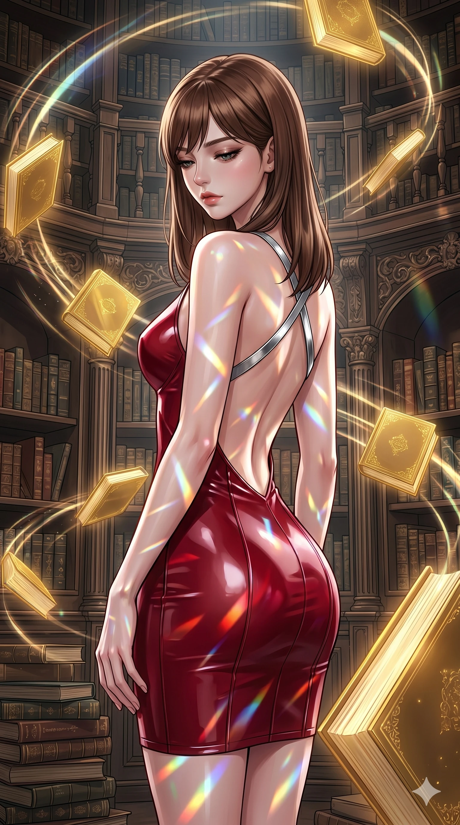 score_9, masterpiece, best quality, ultra-detailed, high-budget anime keyframe, editorial fashion photography, tasteful artistic composition, Korean woman. cowboy shot from the thighs up, character and outfit filling the frame for maximum editorial presence. Looking down with lowered lashes and a composed, powerful expression amidst a baroque library where glowing golden books orbit in slow spiral patterns. She has an absolutely perfect 8-heads proportion, an exceptionally tall and slender female figure with impossibly long slender legs and an ultra-slim waist. V-shaped jawline, high-bridge nose, intricate jewel-like eyes with depth, thick eyelashes, glossy lips with a natural sheen. wearing a structured deep-cherry-red fashion-latex fitted dress with a clean architectural front and a dramatic open-back design with a single criss-cross strap in chrome across the bare back. lit by mirror-reflected prismatic spotlights creating geometric light patterns that play across her body. 2k, ultra detail, master piece, 9:16 ratio