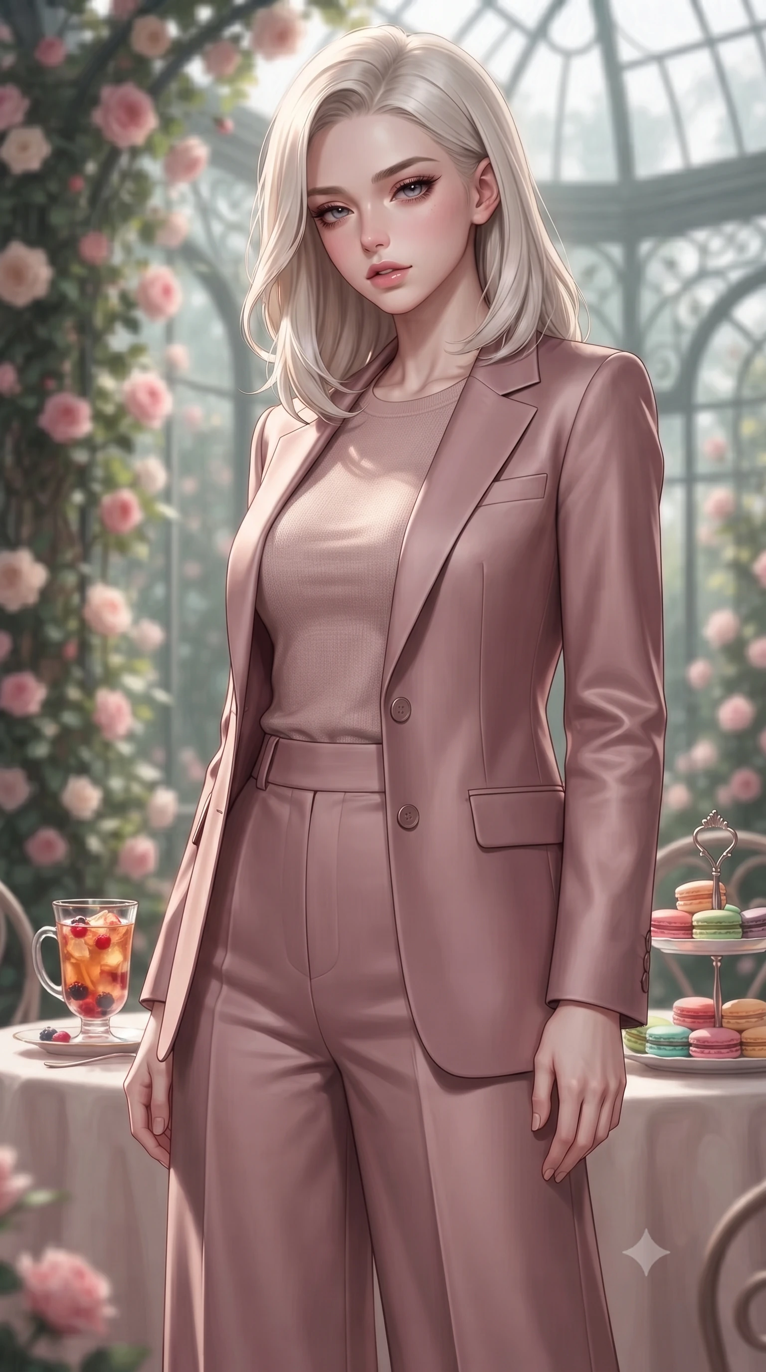 score_9, masterpiece, best quality, ultra-detailed, high-budget anime keyframe, editorial fashion photography, tasteful artistic composition, Caucasian woman. close-up cowboy shot from the waist and thighs up, the character dominates the composition, filling the frame with her large presence, background elements kept in soft focus. looking down at the viewer beneath lowered lashes with a quiet, smoldering confidence and parted lips set against a soft-focus background of inside an exclusive rose conservatory with a glass of iced fruit tea and delicate macaron pastries arranged on the table. She has an exceptionally elegant, slender, and willowy female figure with an ultra-slim waist, a gracefully sculpted slender torso, and a refined silhouette. sharp v-shaped jawline, high-bridge nose, intricate jewel-like eyes with depth, thick eyelashes, glossy lips with a natural sheen. wearing form-contouring dusty rose matte silk tailored casual blazer paired with a loose tee and wide-leg trousers featuring refined tailored seams. accented by a single dramatic key light highlighting her statuesque posture and slim waist. ultra-reflective glossy finish, specular highlights, metallic sheen, high-contrast stereoscopic depth, volumetric dynamic lighting, 2k, ultra detail, master piece, 9:16 ratio