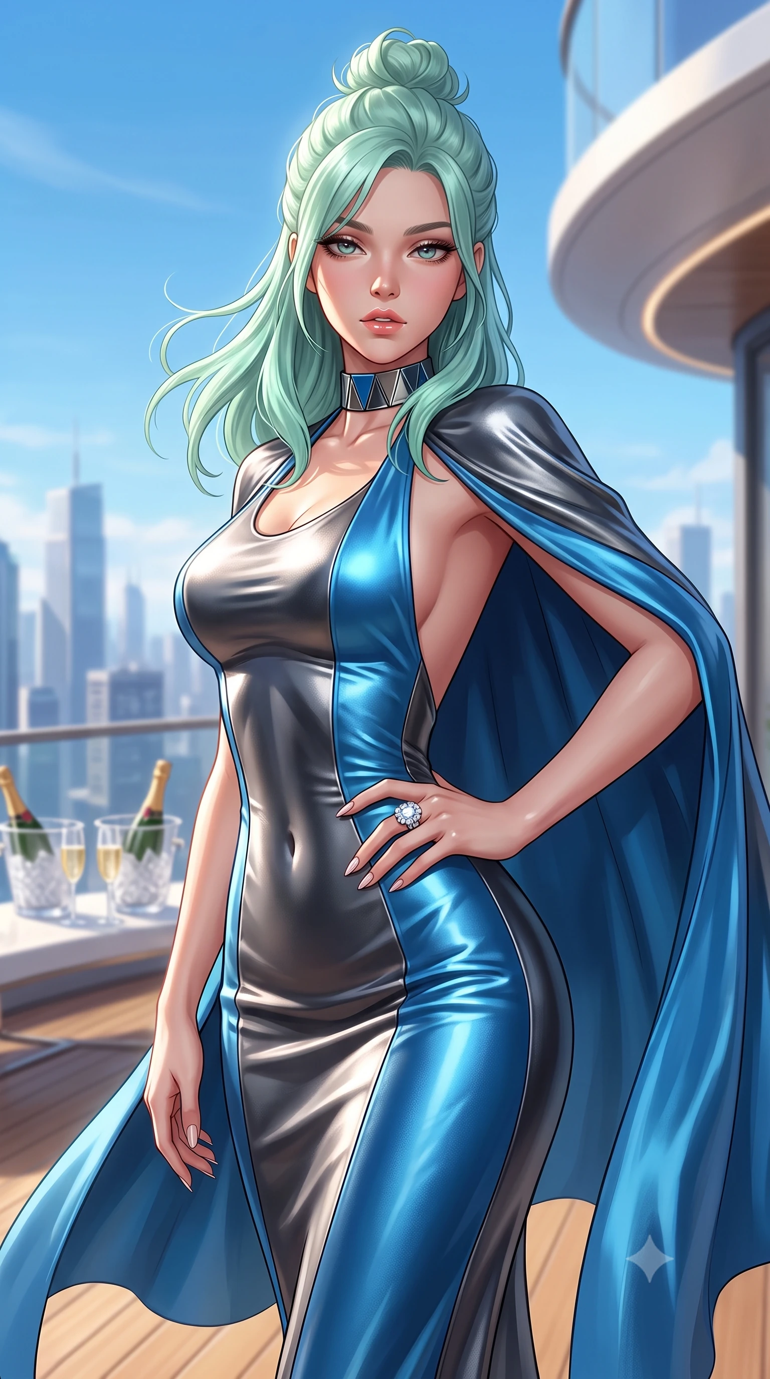 score_9, masterpiece, best quality, ultra-detailed, high-budget anime keyframe, semi-realistic 3D game render, editorial fashion photography, tasteful artistic composition, Japanese woman. close-up cowboy shot from the waist and thighs up, the character dominates the composition, filling the frame with her large presence. resting one manicured hand delicately on her hip bone, her upper body turning in a fluid, seductive S-curve while parted lips glisten in the light while standing poised on the high-altitude sun deck, twisting her slender torso in an alluring S-curve as stratospheric trade winds flutter her sweeping cape. The composition keeps background elements in soft focus with creamy bokeh. aerodynamic penthouse bulkheads and crystal champagne buckets softened in ultra-luxury shallow focus. She has an exceptionally elegant, slender, and willowy female figure with an ultra-slim waist, flat toned midriff, narrow ribcage, and sculpted feminine hips creating an alluring, slim hourglass silhouette without bulk. sharp v-shaped jawline, high-bridge nose, intricate jewel-like eyes with depth, thick eyelashes, glossy parted lips with a natural sheen, intensely captivating and seductive bedroom-eyes expression, flawlessly proportioned anatomical accuracy, strict slender model proportions, natural body alignment, perfectly sculpted long slender limbs, ultra-slim waistline, clean dynamic posture without body distortion. wearing an open-back duchess satin gala gown with a dramatic hip-hugging drape and cascading trailing hem in metallic gunmetal and electric azure, formed from supple second-skin lambskin leather with specular sheen, complemented by a bold geometric choker and sparkling cocktail ring, the second-skin form-contouring cut accentuating her sculpted flat midriff, narrow delicate ribcage, and gracefully curvy hips with supermodel precision. illuminated by warm white composite floor bounce fill sharply sculpting her razor-sharp jawline, narrow waist, and curvy hips. highly saturated vibrant anime colors, detailed shading with soft gradients, rich glossy textures, high-contrast stereoscopic depth, volumetric dynamic lighting, master piece, 9:16 ratio