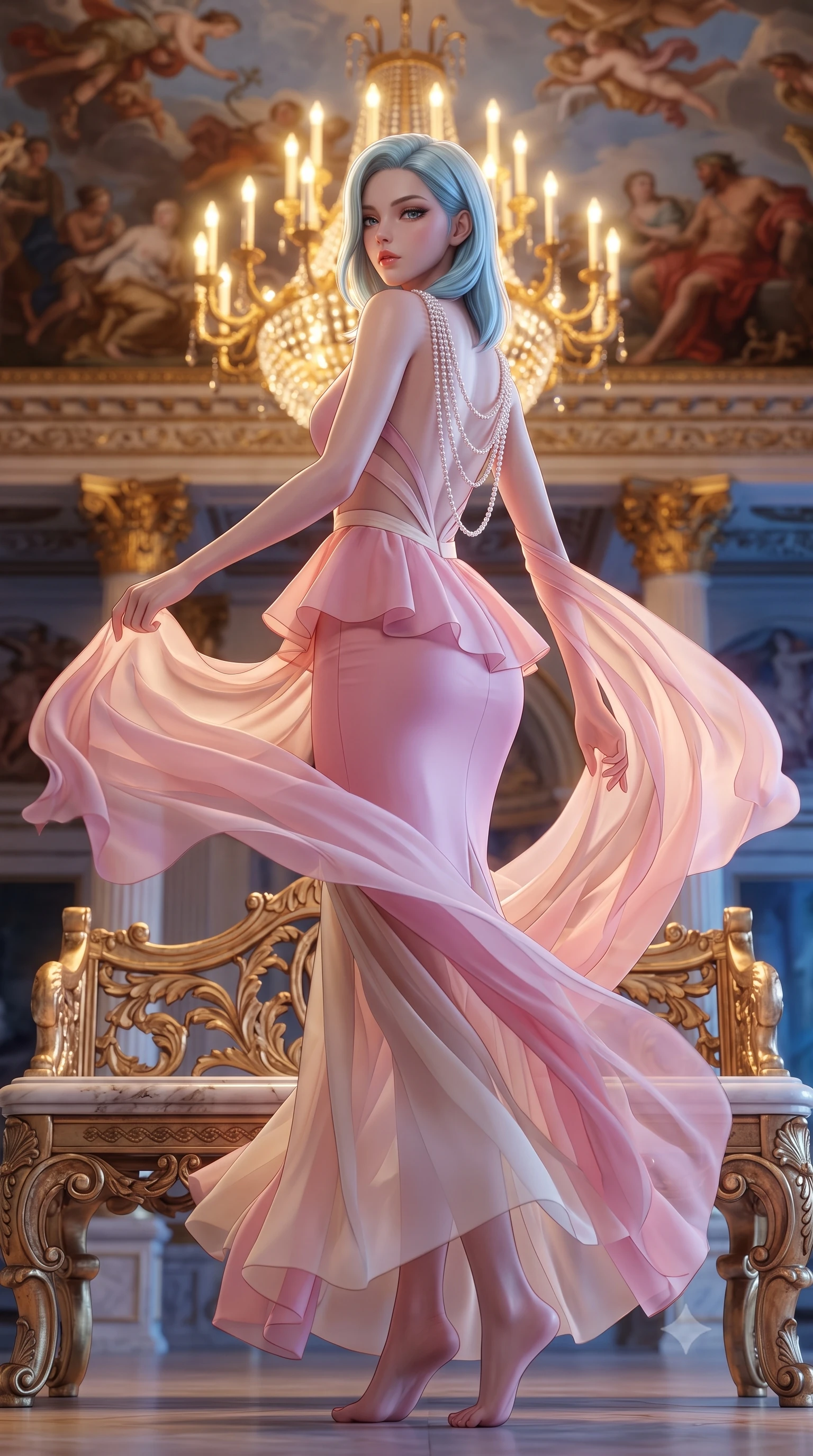score_9, masterpiece, best quality, ultra-detailed, high-budget anime keyframe, semi-realistic 3D game render, editorial fashion photography, tasteful artistic composition, Korean woman. low angle full-body shot from head to toe showing her feet, filling the entire 9:16 vertical frame with her statuesque presence, stretching her vertical silhouette. executing an elegant mid-motion pivot turn as garments swirl around her slender limbs, glancing over her shoulder with an intoxicating bedroom-gaze while perching on an ornate gilded bench beneath classical ceiling frescoes, looking back over her shoulder with royal sovereign allure. The composition keeps background elements in soft focus with creamy bokeh. classical ceiling oil frescoes and gilded Corinthian capitals softened in opulent shallow focus. She has an exceptionally tall and slender model-like 8.5-heads proportion, an ultra-slim waist, a flat toned midriff, narrow delicate ribcage, and beautifully sculpted feminine hips creating a graceful, slim hourglass silhouette without any bulky heaviness, with impossibly long slender legs. sharp v-shaped jawline, high-bridge nose, intricate jewel-like eyes with depth, thick eyelashes, glossy parted lips with a natural sheen, intensely captivating and seductive bedroom-eyes expression, flawlessly proportioned anatomical accuracy, strict slender model proportions, natural body alignment, perfectly sculpted long slender limbs, ultra-slim waistline, clean dynamic posture without body distortion. wearing a structural geometric peplum gown with sheer side-ribbon cutouts and form-fitting skirt in sakura blossom pink and warm ivory, woven from layered gossamer chiffon with a weightless sweeping drape, accented with a multi-strand pearl back necklace cascading down her bare spine to her hips, the second-skin form-contouring cut accentuating her sculpted flat midriff, narrow delicate ribcage, and gracefully curvy hips with supermodel precision. bathed in opulent golden chandelier light radiating from the grand foyer and cool blue evening sky fill. highly saturated vibrant anime colors, detailed shading with soft gradients, rich glossy textures, high-contrast stereoscopic depth, volumetric dynamic lighting, master piece, 9:16 ratio