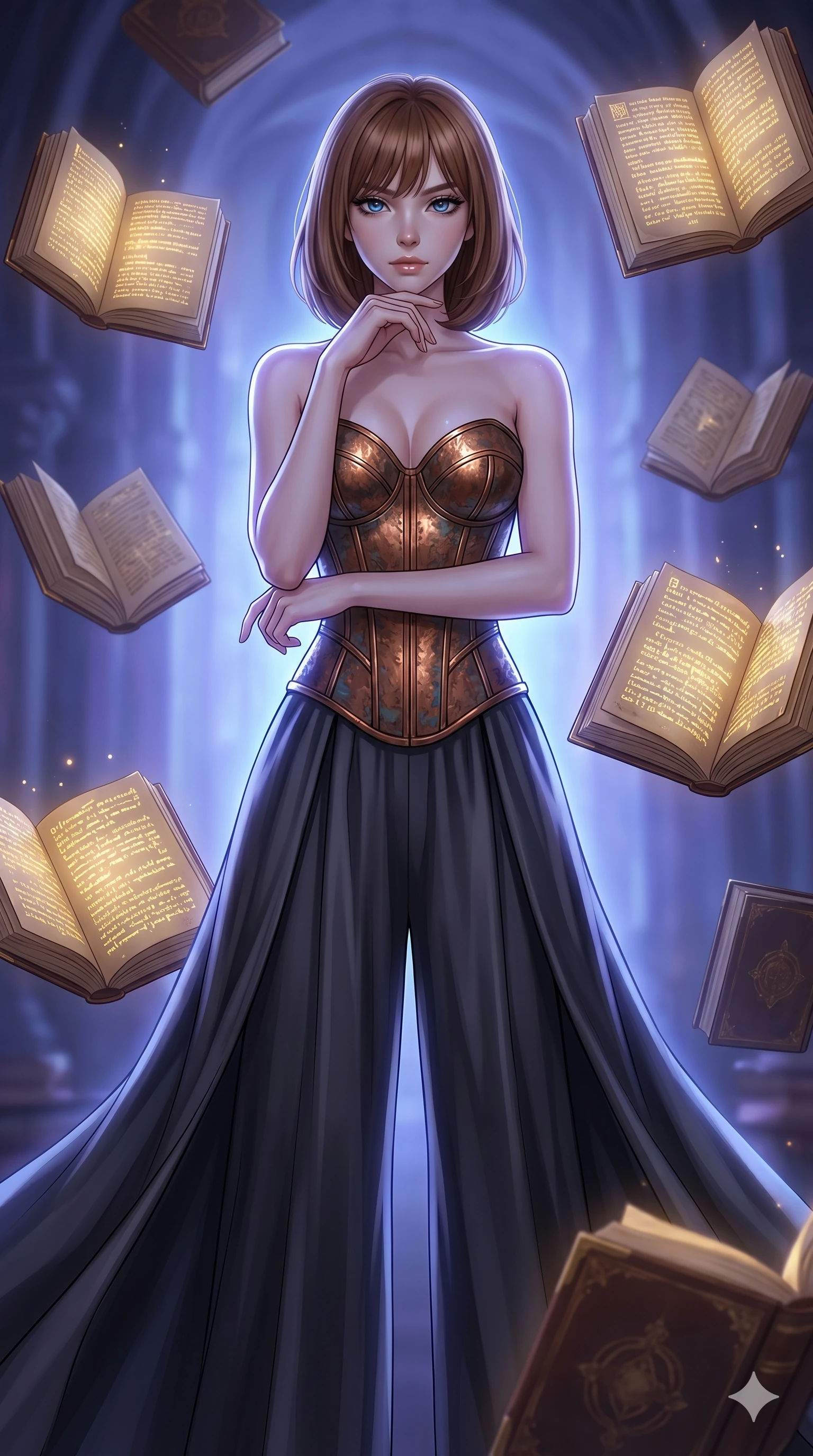 score_9, masterpiece, best quality, ultra-detailed, high-budget anime keyframe, editorial fashion photography, tasteful artistic composition, Caucasian woman, strictly human ears. cowboy shot from the thighs up, character and outfit filling the frame for maximum editorial presence. Resting her chin on the backs of her fingers in a confident pose within a chamber of floating books whose pages are written in glowing golden ink. She has an absolutely perfect 8-heads proportion, an exceptionally tall and slender female figure with impossibly long slender legs and an ultra-slim waist. V-shaped jawline, high-bridge nose, intricate jewel-like eyes with depth, thick eyelashes, glossy lips with a natural sheen. wearing a structured bustier in hammered copper-plate fabric, paired with flowing wide-leg palazzo trousers in charcoal silk satin. bathed in cool ethereal blue-violet bioluminescent glow that highlights her form from all sides. 2k, ultra detail, master piece, 9:16 ratio