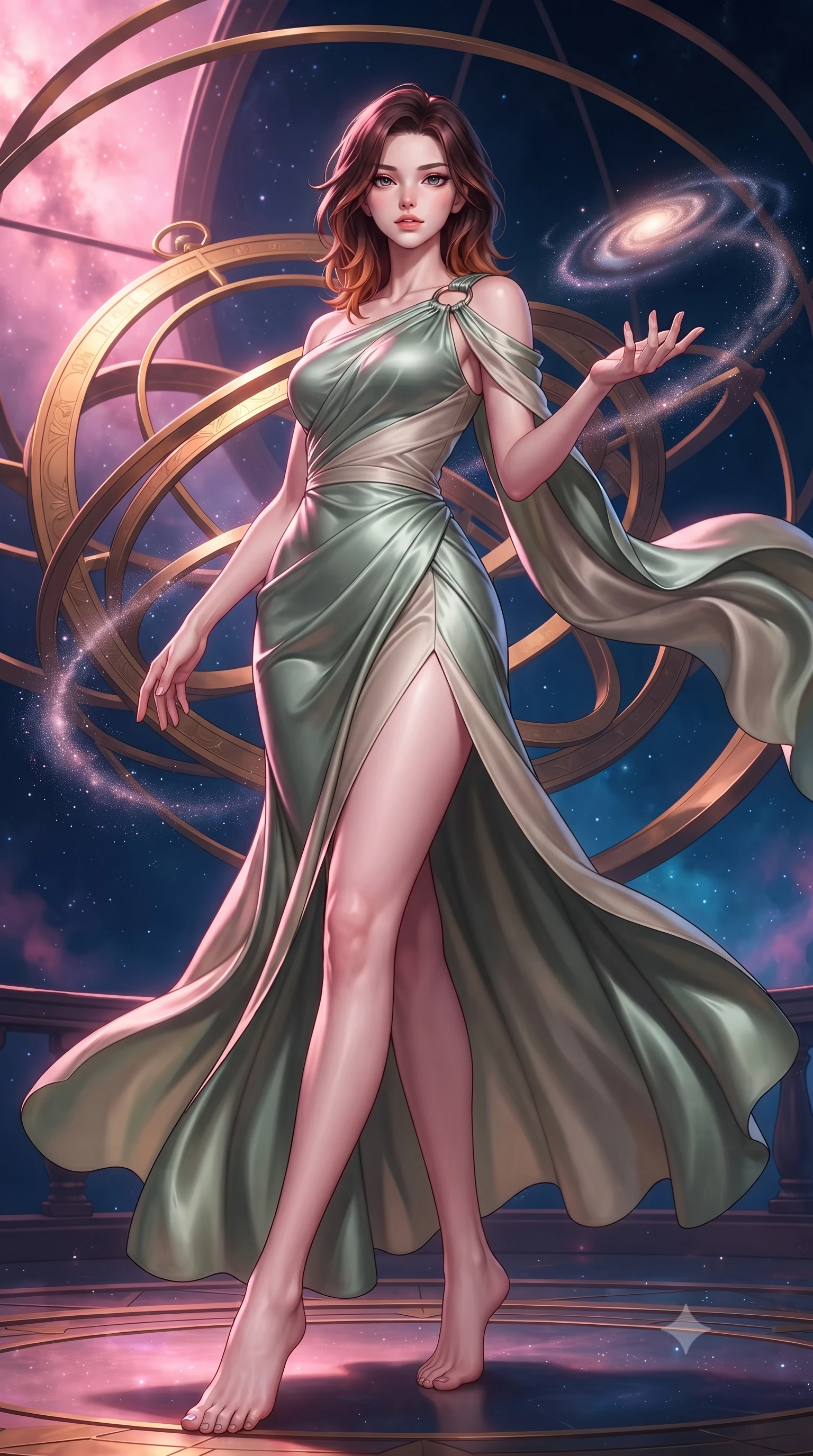 score_9, masterpiece, best quality, ultra-detailed, high-budget anime keyframe, editorial fashion photography, tasteful artistic composition, Korean woman. low angle full-body shot from head to toe showing her feet, filling the entire 9:16 vertical frame with her statuesque presence, stretching her vertical silhouette. interacting gracefully with the magical floating elements while maintaining a confident posture inside a floating cosmic observatory with golden astrolabe rings, swirling galaxy dust creating luminous arcs in the air. She has an absolutely perfect, statuesque 8.5-heads proportion, an exceptionally tall and slender model-like female figure with impossibly long slender legs and an ultra-slim waist. sharp v-shaped jawline, high-bridge nose, intricate jewel-like eyes with depth, thick eyelashes, glossy lips with a natural sheen. wearing an asymmetrical Grecian draped chiffon gown with a metallic shoulder ring in sage green and oatmeal, crafted from lustrous satin jersey with fluid draping, finished with a sleek side slit ascending to mid-thigh, the tailored fabric tightly following every curve of her athletic build. bathed in radiant cosmic pink and deep navy blue ambient light. highly saturated vibrant anime colors, detailed shading with soft gradients, rich glossy textures, high-contrast stereoscopic depth, volumetric dynamic lighting, master piece, 9:16 ratio