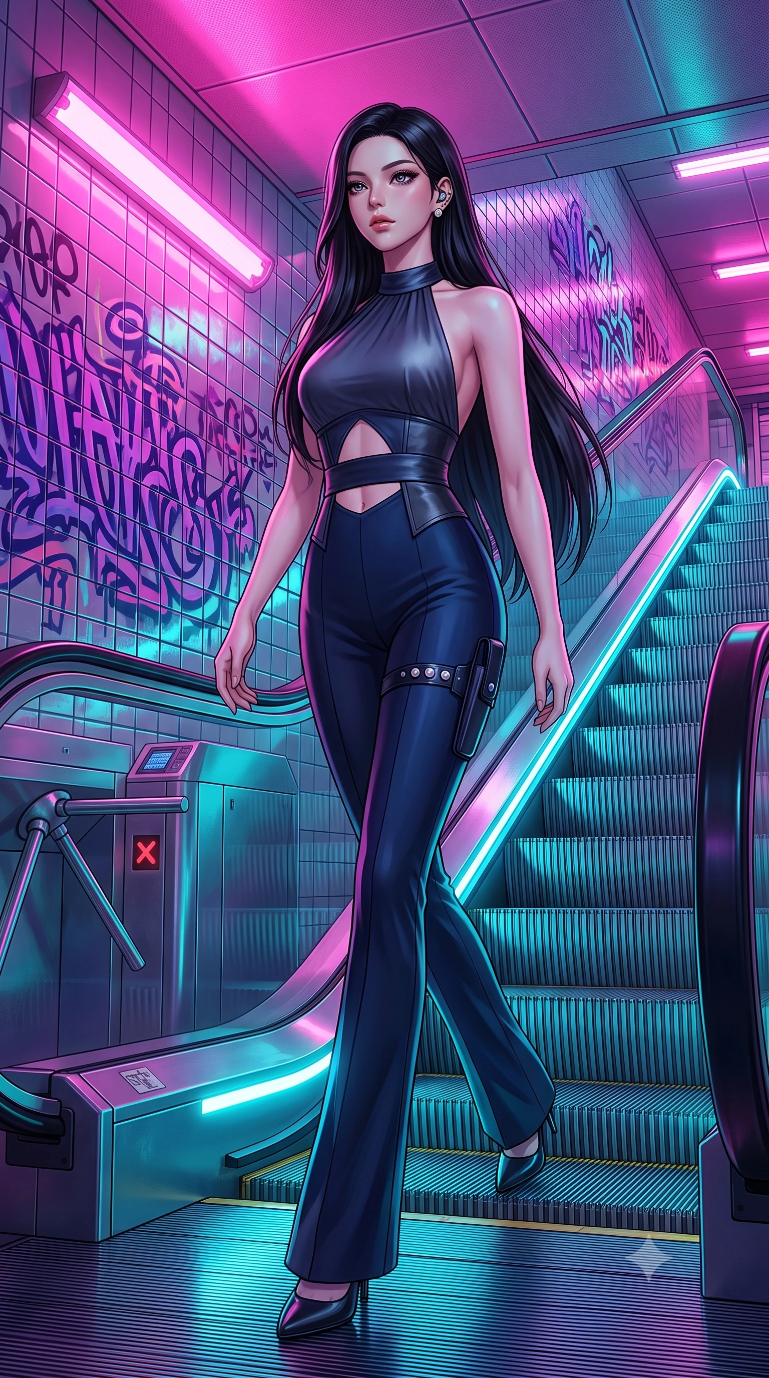 score_9, masterpiece, best quality, ultra-detailed, high-budget anime keyframe, semi-realistic 3D game render, editorial fashion photography, tasteful artistic composition, Korean woman. low angle full-body shot from head to toe showing her feet, filling the entire 9:16 vertical frame with her statuesque presence, stretching her vertical silhouette. pivoting dynamically with supreme athletic balance and poise, her impossibly long slender legs creating a breathtaking line while striding down the neon-drenched escalator with confident Y2K swagger and athletic model poise. The surrounding environment is rendered in vivid detail and crisp panoramic clarity. intricate ultraviolet graffiti lettering, reflective tiled walls, and metallic turnstile textures in deep focus. She has an absolutely perfect, statuesque 8.5-heads proportion, an exceptionally tall and slender model-like female figure with impossibly long slender legs, a toned flat midriff, and an ultra-slim waist. sharp v-shaped jawline, high-bridge nose, intricate jewel-like eyes with depth, thick eyelashes, glossy lips with a natural sheen, captivating and magnetic expression, flawlessly proportioned anatomical accuracy, strict slender model proportions, natural body alignment, perfectly sculpted long slender limbs, ultra-slim waistline, clean dynamic posture without body distortion. wearing a high-society undercover halter-neck jumpsuit with a tailored deep-V back and integrated tactical waist cincher in deep midnight blue and brushed gunmetal, tailored from fluid silk crepe with inner ballistic reinforcement, accessorized with a sleek concealed garter holster and pearl ear transmitter edition #33, the precision-cut daring openings accentuating her delicate midriff, graceful bare collarbones, and ultra-slim feminine waistline. bathed in high-contrast dual lighting of neon pink floodlights and electric cyan underlights. highly saturated vibrant anime colors, detailed shading with soft gradients, rich glossy textures, high-contrast stereoscopic depth, volumetric dynamic lighting, master piece, 9:16 ratio