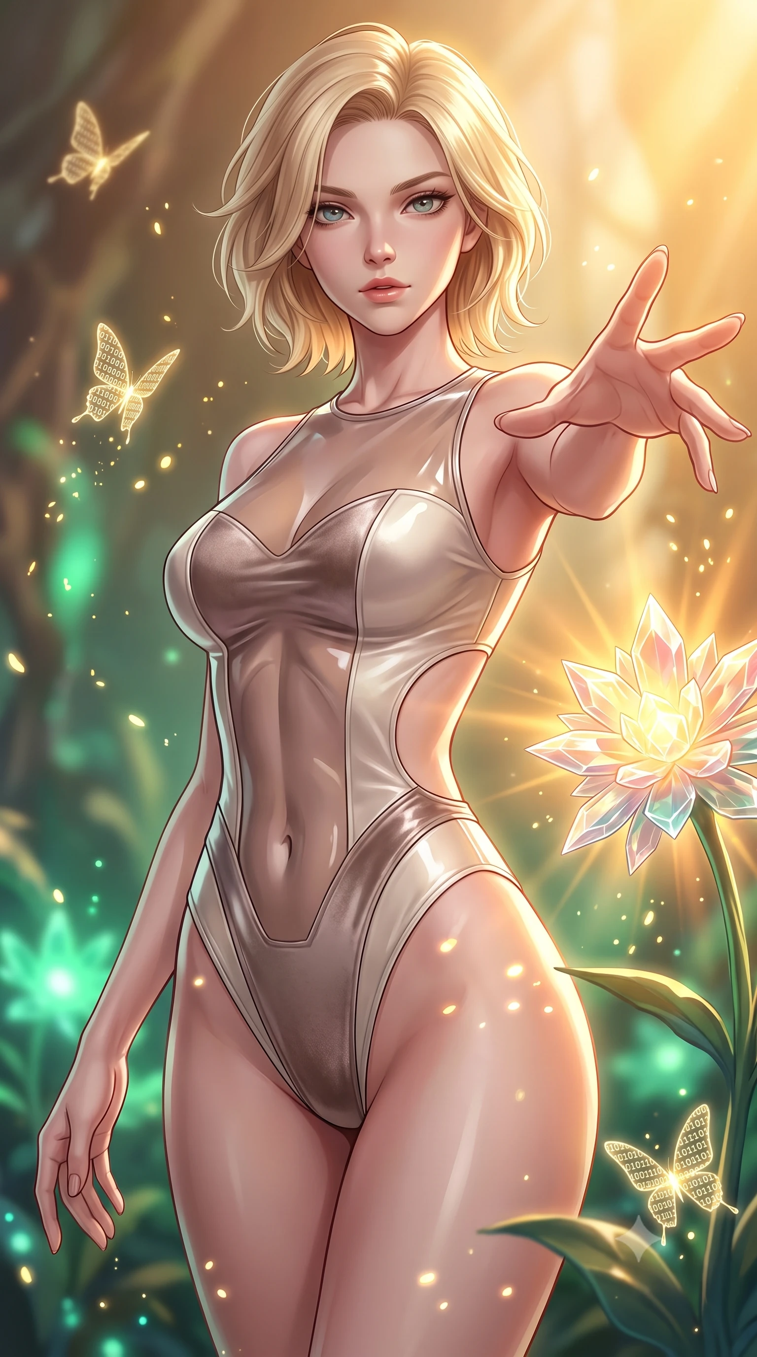 score_9, masterpiece, best quality, ultra-detailed, high-budget anime keyframe, editorial fashion photography, tasteful artistic composition, Caucasian woman. close-up cowboy shot from the waist and thighs up, the character dominates the composition, filling the frame with her large presence, background elements kept in soft focus. Reaching her hand gracefully toward the camera with magnetic allure, her torso turning in a dynamic S-curve alignment while pivoting dynamically near a solar-powered crystal blossom emitting warm ambient sunbursts, glowing pollen particles and binary code butterflies drifting around her form. She has an exceptionally elegant, slender, and willowy female figure with an ultra-slim waist, a gracefully sculpted slender torso, and a refined silhouette. sharp v-shaped jawline, high-bridge nose, intricate jewel-like eyes with depth, thick eyelashes, glossy lips with a natural sheen, flawlessly proportioned anatomical accuracy, natural body alignment, perfectly sculpted elegant limbs, clean dynamic posture without body distortion. wearing a high-cut translucent vinyl leotard with front paneling and open back in muted taupe and soft ivory, made of premium stretch velvet with a rich sheen, featuring clean architectural cutouts along her slender torso, the form-contouring material highlighting her ultra-slim waist and long lines. bathed in warm golden sunlight and soft emerald bioluminescent glow. highly saturated vibrant anime colors, detailed shading with soft gradients, rich glossy textures, high-contrast stereoscopic depth, volumetric dynamic lighting, master piece, 9:16 ratio