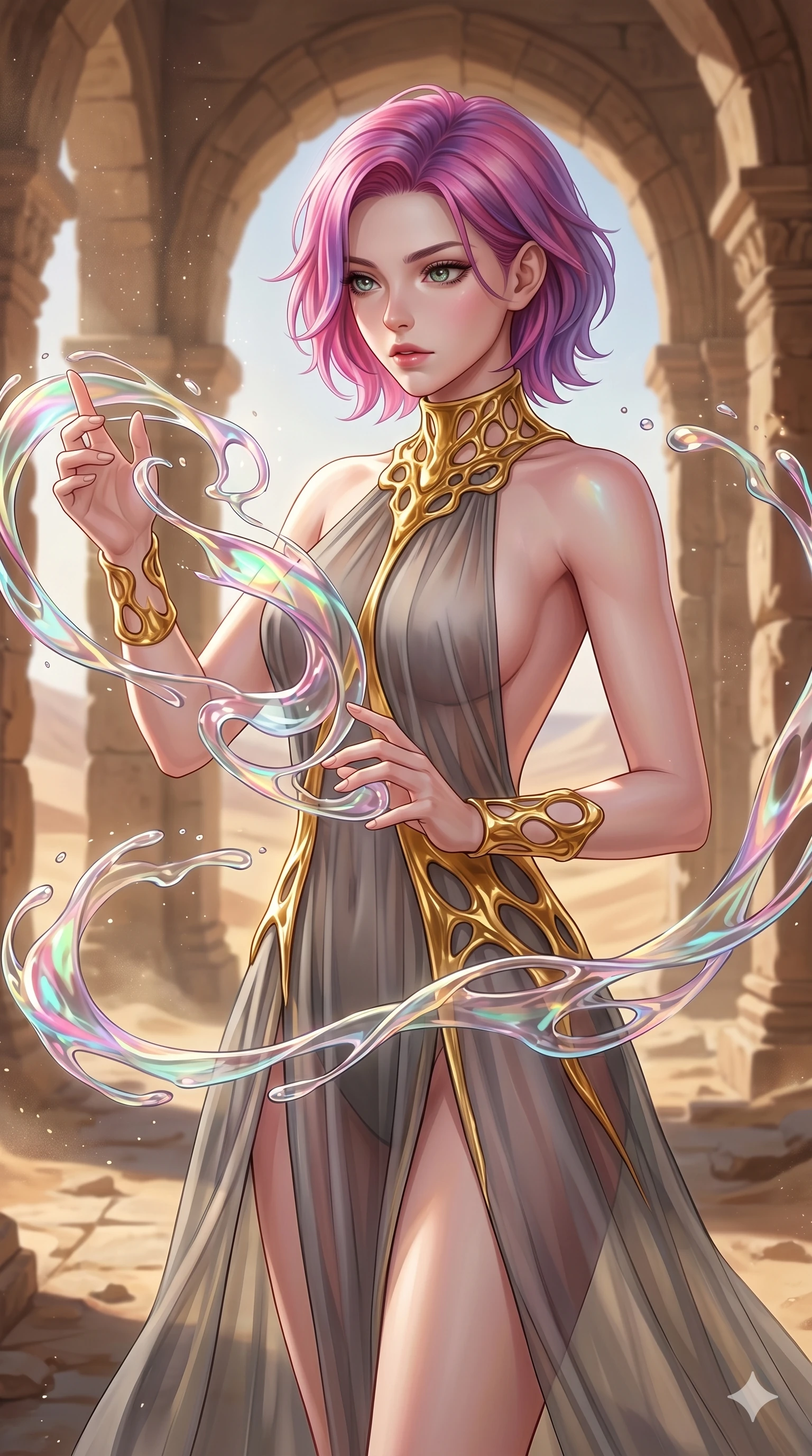 score_9, masterpiece, best quality, ultra-detailed, high-budget anime keyframe, Caucasian woman, strictly human ears. upper body close-up from the thighs up, character filling the screen for maximum presence. interacting with liquid stained-glass that melts and swirls in mid-air inside a crumbling desert ruin, the fluid jewelry floating in suspension. She has an absolutely perfect 8-heads proportion, an exceptionally tall and slender female figure with impossibly long slender legs and an ultra-slim waist. V-shaped jawline, high-bridge nose, intricate jewel-like eyes with depth, thick eyelashes, glossy lips with a natural sheen.. wearing a molten gold and chiffon gown, featuring organic liquid gold collar and cuffs on a translucent charcoal-gray halter neck chiffon gown with a deep backless design. enhanced by a luminous pastel spectrum glow, casting elegant rim lights on her shoulders and jawline. 2k, ultra detail, master piece, 9:16 ratio