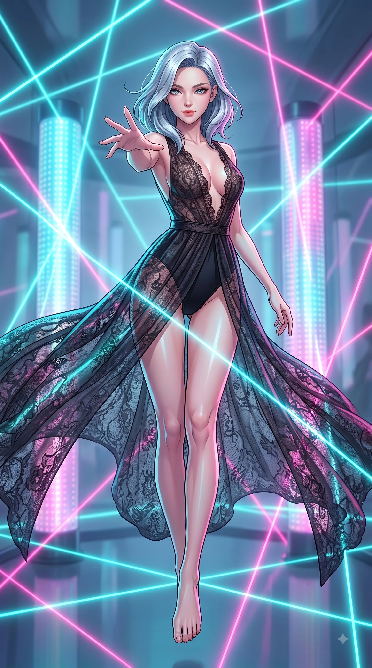 score_9, masterpiece, best quality, ultra-detailed, high-budget anime keyframe, editorial fashion photography, tasteful artistic composition, Korean woman woman. low angle full-body shot from head to toe showing her feet, filling the entire 9:16 vertical frame with her statuesque presence, stretching her vertical silhouette. She has an absolutely perfect, statuesque 8.5-heads proportion, an exceptionally tall and slender model-like female figure with impossibly long slender legs and an ultra-slim waist. floating dynamically in zero-gravity with flawless poise, reaching her hand forward gracefully, flawlessly proportioned anatomical accuracy, natural body alignment, perfectly sculpted elegant limbs, clean dynamic posture without body distortion. set against a soft-focus background of a reflective mirror chamber with rotating LED light pillars. wearing a see-through dark lace panel gown over a fitted micro-leotard with a plunging V-neckline. illuminated by shifting cyan and hot pink neon laser gridlines casting specular highlights. highly saturated vibrant anime colors, detailed shading with soft gradients, rich glossy textures, high-contrast stereoscopic depth, volumetric dynamic lighting, master piece, 9:16 ratio