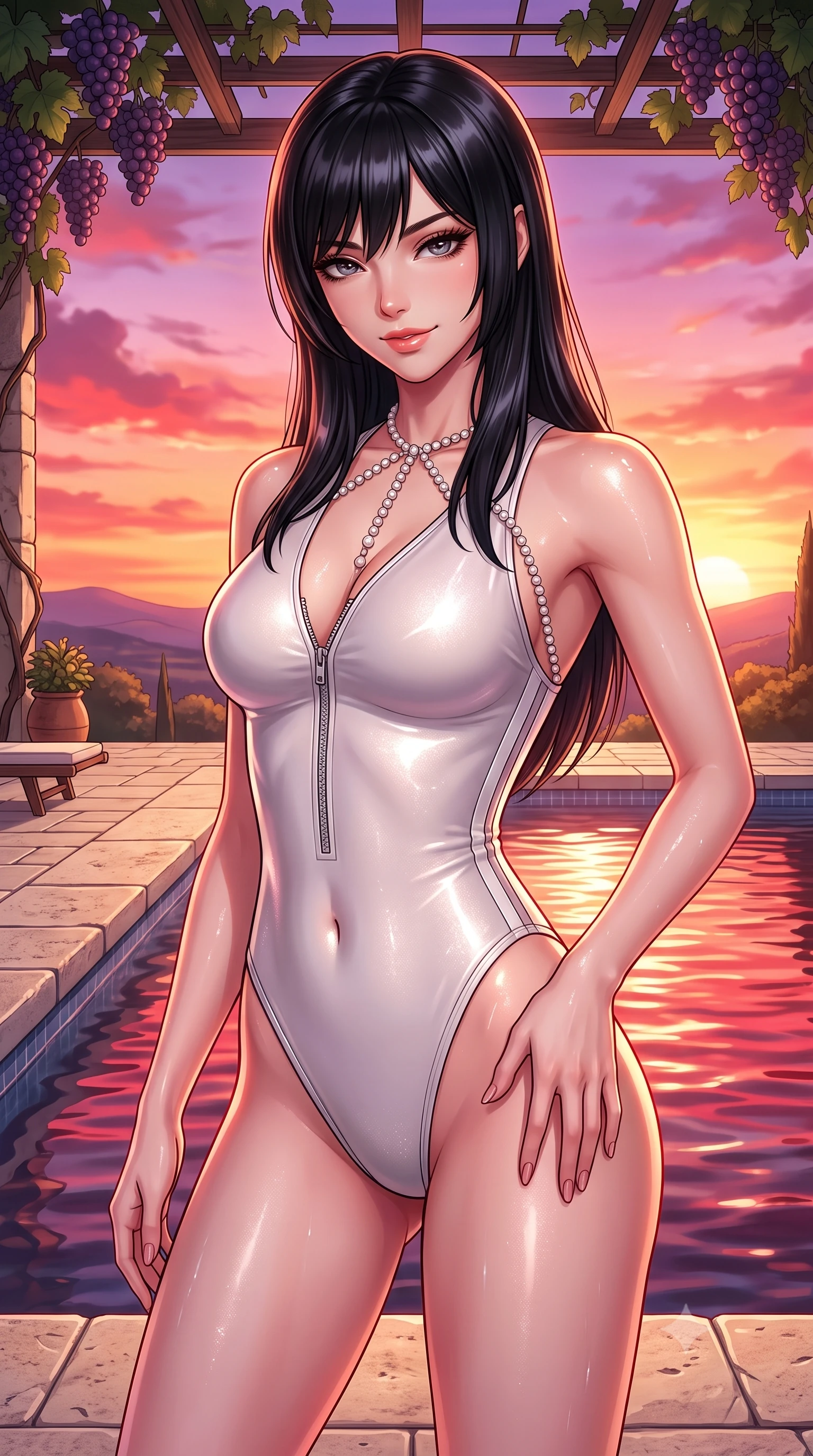 score_9, masterpiece, best quality, ultra-detailed, high-budget anime keyframe, semi-realistic 3D game render, editorial fashion photography, tasteful artistic composition, Caucasian woman. close-up cowboy shot from the waist and thighs up, the character dominates the composition, filling the frame with her large presence. tilting her head with a teasing half-smile, running one hand slowly down the side of her hip in a flirtatious S-curve as ambient light caresses her silhouette while twisting her slender torso in an alluring S-curve, crimson and gold water reflections dancing across her bare shoulders, flat midriff, and hips. The surrounding environment is rendered in vivid detail and crisp panoramic clarity: sharp travertine stone pool coping, ripe purple grape cluster details on overhead trellis, and pool surface meniscus in deep focus. She has an exceptionally elegant, slender, and willowy female figure with an ultra-slim waist, flat toned midriff, narrow ribcage, and sculpted feminine hips creating an alluring, slim hourglass silhouette without bulk. sharp v-shaped jawline, high-bridge nose, sparkling eyes with hypnotic seductive depth, thick curled eyelashes, glossy parted lips with a natural dewy peach sheen, alluring bedroom-eyes with an enchanting coquettish smile, exuding magnetic siren charisma and sophisticated glamour, flawlessly proportioned anatomical accuracy, strict slender model proportions, natural body alignment, perfectly sculpted long slender limbs, ultra-slim waistline, clean dynamic posture without body distortion. wearing a form-contouring wet-look neoprene zip-front maillot with high-cut leg openings and racing side stripes in pure pearl alabaster with platinum sheen, woven from stretch metallic lurex jersey casting radiant starlight glints across her silhouette, accented with a pearl-drop body harness subtly framing her dewy collarbones and spine, the second-skin tailored fabric adhering flawlessly to her sculpted flat midriff and slender torso, emphasizing her long leg lines and perfectly proportioned willowy build. bathed in saturated crimson, apricot, and lavender sunset light blazing across the Tuscan sky. highly saturated vibrant anime colors, detailed shading with soft gradients, rich glossy textures, high-contrast stereoscopic depth, volumetric dynamic lighting, master piece, 9:16 ratio