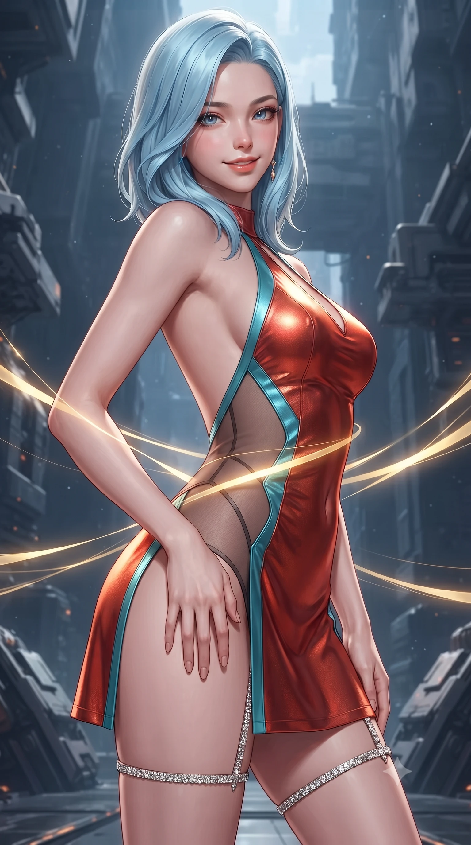 score_9, masterpiece, best quality, ultra-detailed, high-budget anime keyframe, editorial fashion photography, tasteful artistic composition, Korean woman. close-up cowboy shot from the waist and thighs up, the character dominates the composition, filling the frame with her large presence. tilting her head with a teasing half-smile, running one hand slowly down the side of her hip in a flirtatious S-curve as ambient light caresses her silhouette while twisting her slender torso in an alluring contrapposto stance, brilliant synchrotron gold arcs painting fluid light ribbons across her narrow waist and hips. The surrounding environment is rendered in vivid detail and crisp panoramic clarity: detailed haute-couture texture, wet-look liquid fabric drape, and colossal deep-space physics architecture in razor-sharp precision. She has an exceptionally elegant, slender, and willowy female figure with an ultra-slim waist, flat toned midriff, narrow ribcage, and sculpted feminine hips creating an alluring, slim hourglass silhouette without bulk. sharp v-shaped jawline, high-bridge nose, intricate jewel-like sparkling eyes with depth, thick eyelashes, glossy parted lips with a natural peach sheen, bright cheerful beaming smile with an enchanting and coquettish sensual glint, exuding both youthful cute charm and seductive allure, flawlessly proportioned anatomical accuracy, strict slender model proportions, natural body alignment, perfectly sculpted long slender limbs, ultra-slim waistline, clean dynamic posture without body distortion. wearing an alluring backless metallic lamé combat halter mini dress with deep open back down to her lower spine and thigh-high slit in cyber-shinto vermilion and laser turquoise, featuring strategic sheer-illusion tulle side panels framing her ribcage and hips, finished with delicate crystal-encrusted thigh garter straps glinting in the dim light, the form-contouring silhouette accentuating her sculpted flat midriff, narrow delicate ribcage, and gracefully curvy hips with intoxicating allure. illuminated by titanium bridge reflection bounce and sharp relativistic gold rim lights sculpting her razor-sharp jawline, narrow waist, and curvy hips. ultra-reflective glossy finish, specular highlights, rich textural contrasts, high-contrast stereoscopic depth, volumetric dynamic lighting, 2k, ultra detail, master piece, 9:16 ratio