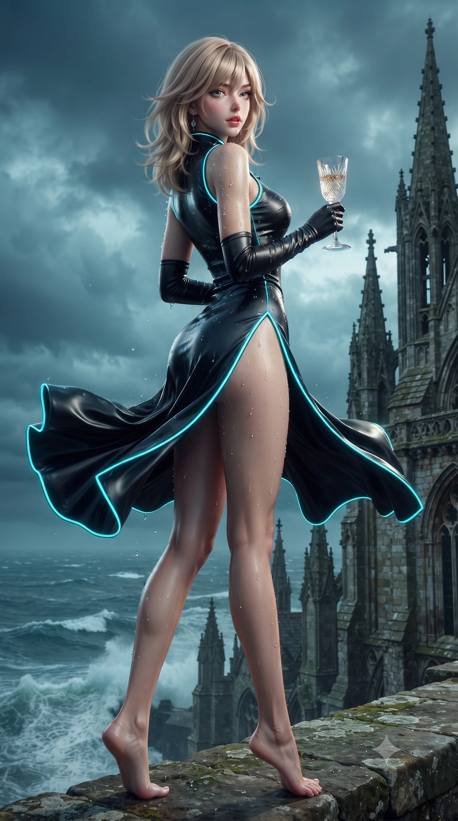 score_9, masterpiece, best quality, ultra-detailed, high-budget anime keyframe, editorial fashion photography, tasteful artistic composition, Japanese woman. low angle full-body shot from head to toe showing her feet, filling the entire 9:16 vertical frame with her statuesque presence, stretching her vertical silhouette. executing an elegant mid-motion pivot turn as garments swirl around her slender limbs, glancing over her shoulder with an intoxicating bedroom-gaze while standing poised on the high stone ramparts facing the surging ocean tide, arching her spine as Atlantic winds whip her dress around her curvy hips. The surrounding environment is rendered in vivid detail and crisp panoramic clarity. detailed wind-whipped silk dress folds, sea spray beads on skin, and Gothic abbey pinnacles in high clarity. She has an exceptionally tall and slender model-like 8.5-heads proportion, an ultra-slim waist, a flat toned midriff, narrow delicate ribcage, and beautifully sculpted feminine hips creating a graceful, slim hourglass silhouette without any bulky heaviness, with impossibly long slender legs. sharp v-shaped jawline, high-bridge nose, intricate jewel-like eyes with depth, thick eyelashes, glossy parted lips with a natural sheen, intensely captivating and seductive bedroom-eyes expression, flawlessly proportioned anatomical accuracy, strict slender model proportions, natural body alignment, perfectly sculpted long slender limbs, ultra-slim waistline, clean dynamic posture without body distortion. wearing a modernized cyber-qipao mini dress with an ultra-high side slit ascending to the hip and glowing piping in neon electric cyan and lacquer black, tailored from liquid silk jersey adhering flawlessly to her slender build, accessorized with opera-length satin gloves and a vintage crystal glass, the liquid-tight tailored fabric clinging flawlessly to her narrow waist and rounded feminine hips, emphasizing every millimeter of her sculpted slim hourglass curves without any bulky heaviness. illuminated by crisp directional edge highlights sculpting her bare collarbones, slender waist, and curvy hips. ultra-reflective glossy finish, specular highlights, rich textural contrasts, high-contrast stereoscopic depth, volumetric dynamic lighting, 2k, ultra detail, master piece, 9:16 ratio