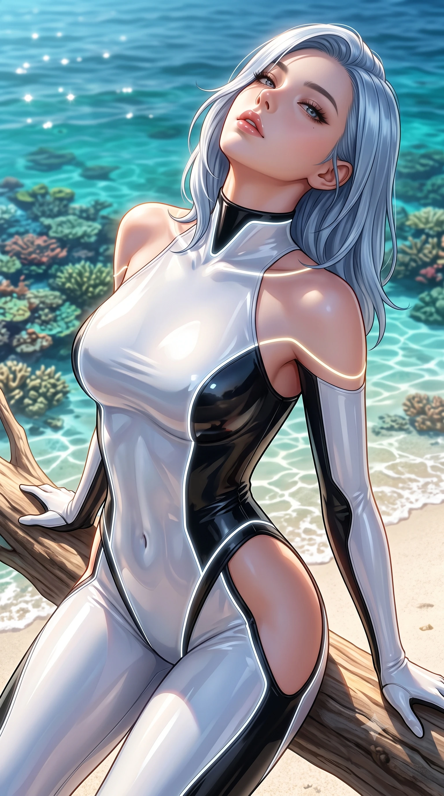 score_9, masterpiece, best quality, ultra-detailed, high-budget anime keyframe, semi-realistic 3D game render, editorial fashion photography, tasteful artistic composition, Korean woman. close-up cowboy shot from the waist and thighs up, the character dominates the composition, filling the frame with her large presence. tilting her head back with a sensual alluring expression, exposing her throat and shoulders to the camera with heavy lashes and softly parted glossy lips while arching her back gracefully on a sun-warmed driftwood branch with the sparkling coral sea stretching behind. The surrounding environment is rendered in vivid detail and crisp panoramic clarity. vibrant coral reef textures beneath crystal water, fine white sand grain, and emerald ocean gradients in deep focus. She has an exceptionally elegant, slender, and willowy female figure with an ultra-slim waist, a gracefully sculpted slender torso, toned flat midriff, and a refined slim silhouette. sharp v-shaped jawline, high-bridge nose, intricate jewel-like eyes with depth, thick eyelashes, glossy lips with a natural sheen, flawlessly proportioned anatomical accuracy, strict slender model proportions, natural body alignment, perfectly sculpted long slender limbs, ultra-slim waistline, clean dynamic posture without body distortion. wearing a skin-tight cybernetic bodysuit with glowing neon seams, deep hip cutouts, and an aerodynamic athletic fit in high-gloss monochrome white and sharp black contrast, tailored from semi-translucent cybernetic vinyl with glowing micro-filaments, accented with glowing fiber-optic seams tracing her collarbones and hip curves, the glove-like aerodynamic second-skin fit tightly clinging to her ultra-slender waist and athletic curves without adding bulk, accentuating her razor-sharp statuesque lines and slim hourglass silhouette. illuminated by pure sky radiance with crisp golden rim lights accentuating her silhouette. highly saturated vibrant anime colors, detailed shading with soft gradients, rich glossy textures, high-contrast stereoscopic depth, volumetric dynamic lighting, master piece, 9:16 ratio
