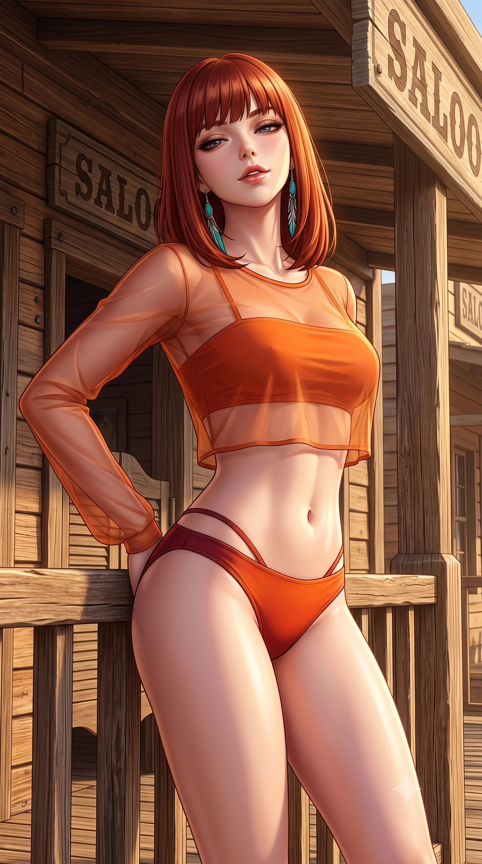 score_9, masterpiece, best quality, ultra-detailed, high-budget anime keyframe, semi-realistic 3D game render, editorial fashion photography, tasteful artistic composition, Caucasian woman. close-up cowboy shot from the waist and thighs up, the character dominates the composition, filling the frame with her large presence. leaning back against the balustrade with relaxed seductive grace, head tilted back slightly while casting a hypnotic, heavy-lidded gaze while standing poised between the saloon porch timber pillars with hips cocked back, arching her spine with seductive gunslinger allure. The surrounding environment is rendered in vivid detail and crisp panoramic clarity: sharp rough-sawn cedar plank grain, rusted iron square nails, and weathered saloon sign lettering in deep focus. She has an exceptionally elegant, slender, and willowy female figure with an ultra-slim waist, flat toned midriff, narrow ribcage, and sculpted feminine hips creating an alluring, slim hourglass silhouette without bulk. sharp v-shaped jawline, high-bridge nose, sparkling eyes with hypnotic seductive depth, thick curled eyelashes, glossy parted lips with a natural dewy peach sheen, alluring bedroom-eyes with an enchanting coquettish smile, exuding magnetic siren charisma and sophisticated glamour, flawlessly proportioned anatomical accuracy, strict slender model proportions, natural body alignment, perfectly sculpted long slender limbs, ultra-slim waistline, clean dynamic posture without body distortion. wearing a sheer gossamer mesh long-sleeve rashguard crop top layered over an opaque strappy bandeau and low-waisted briefs in blazing desert sunset orange and deep canyon crimson, made of sheer gossamer chiffon that drapes softly against skin with airy translucence, accented with turquoise and silver bohemian feather earrings swaying near her bare neck, the glove-like clinging cut tightly following the natural contour of her hips and long slender legs with youthful 8.5-heads elegance. bathed in late afternoon golden sunlight filtering horizontally under the timber porch eaves. highly saturated vibrant anime colors, detailed shading with soft gradients, rich glossy textures, high-contrast stereoscopic depth, volumetric dynamic lighting, master piece, 9:16 ratio
