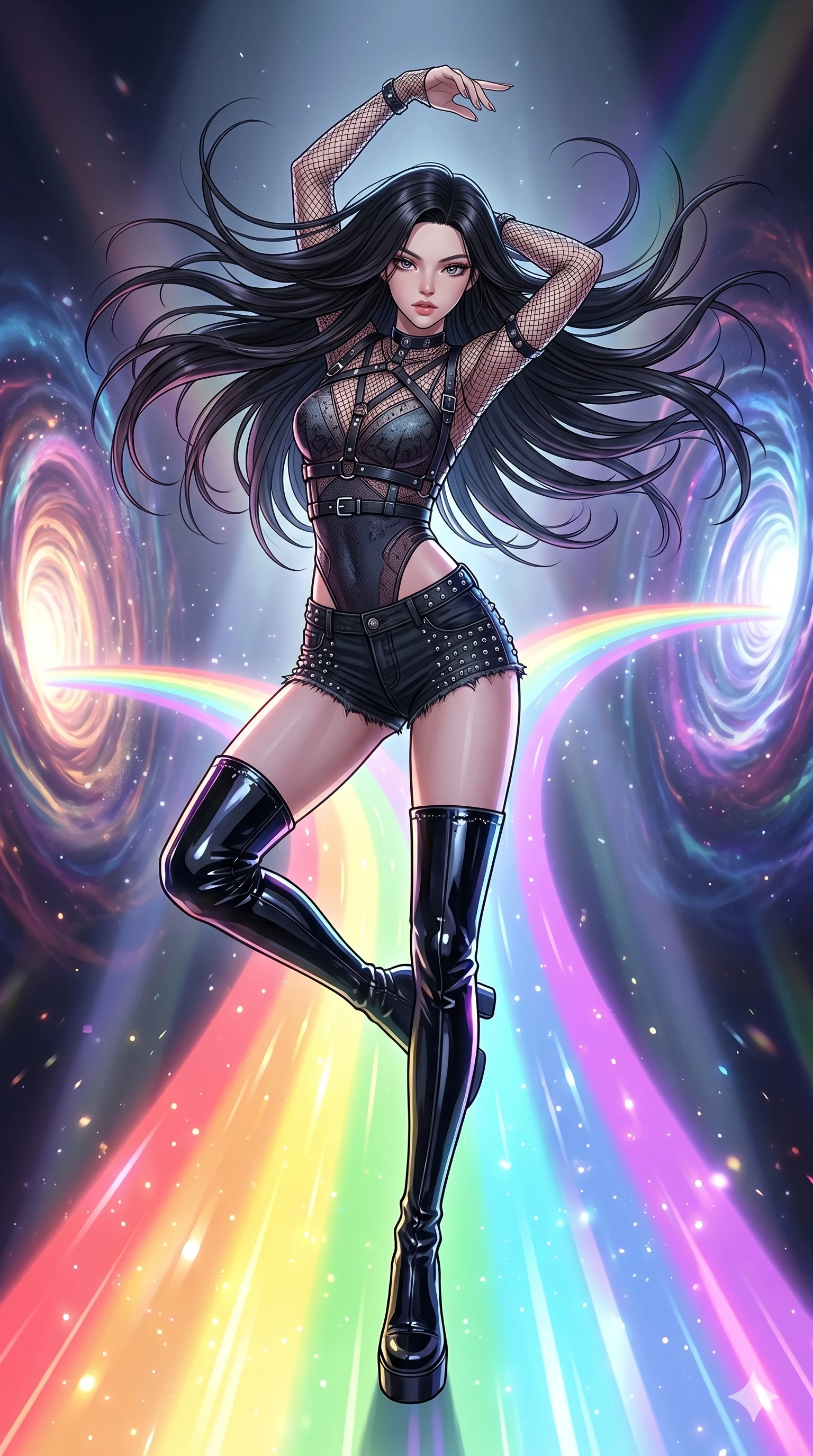 score_9, masterpiece, best quality, ultra-detailed, high-budget anime movie keyframe, cinematic anime lighting, intricate line art, Korean woman. Dynamic full-body shot stretching the vertical silhouette with extreme perspective. dancing on a bridge of rainbow light that spans two dimensions. She has an absolutely perfect 8-heads proportion, an exceptionally tall and slender female figure with an ultra-slim waist and impossibly long slender legs. strictly human anatomy, two legs only, no extra limbs, clearly defined legs and arms, perfect anatomy, perfect hands and fingers. sharp v-shaped jawline, high-bridge nose, intricate jewel-like eyes, thick eyelashes, glossy lips. Wearing K-Idol Stage: Leather harness over mesh, high-cut bodysuit, studded micro-shorts, and thigh-high patent boots. The scene is illuminated by dramatic atmospheric lighting and vibrant color palettes. , 2k, ultra detail, master piece, 9:16 ratio
