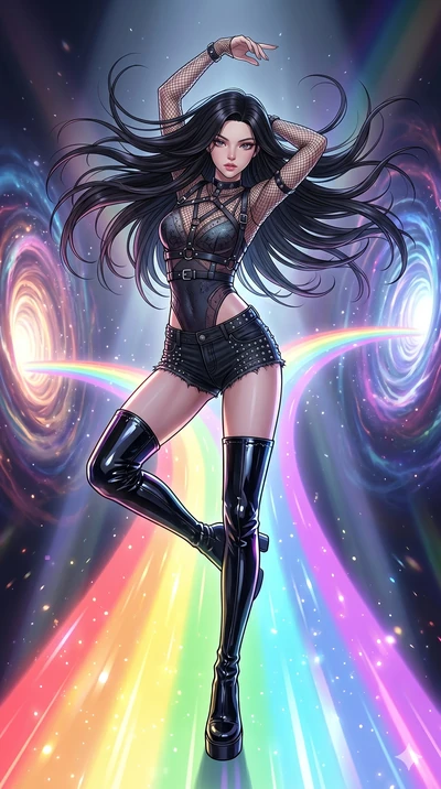 score_9, masterpiece, best quality, ultra-detailed, high-budget anime movie keyframe, cinematic anime lighting, intricate line art, Korean woman. Dynamic full-body shot stretching the vertical silhouette with extreme perspective. dancing on a bridge 