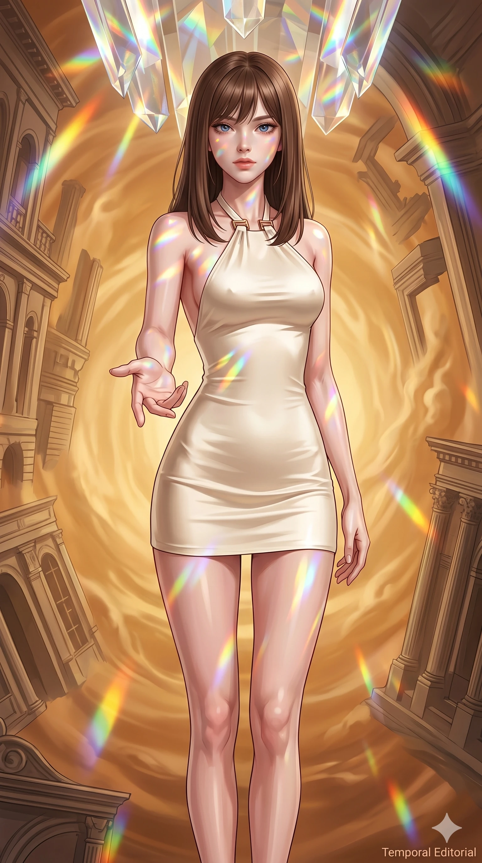 score_9, masterpiece, best quality, ultra-detailed, high-budget anime keyframe, editorial fashion photography, tasteful artistic composition, Korean woman. cowboy shot from the thighs up, character and outfit filling the frame for maximum editorial presence. Reaching one hand toward the viewer with relaxed elegance within a temporal rift corridor of different eras suspended in amber light. She has an absolutely perfect 8-heads proportion, an exceptionally tall and slender female figure with impossibly long slender legs and an ultra-slim waist. V-shaped jawline, high-bridge nose, intricate jewel-like eyes with depth, thick eyelashes, glossy lips with a natural sheen. wearing an ultra-minimalist halter-neck mini dress in warm ivory stretch satin with a simple open-back, architectural hardware at the neck, and a perfectly form-contouring body ending at upper-thigh. illuminated by cascading rainbow prismatic light refracting through crystal overhead and casting patterns on her skin. 2k, ultra detail, master piece, 9:16 ratio