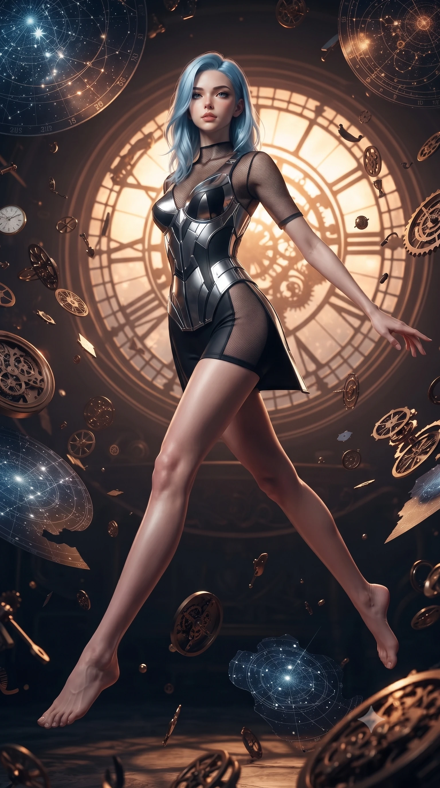 score_9, masterpiece, best quality, ultra-detailed, high-budget anime keyframe, editorial fashion photography, tasteful artistic composition, Korean woman. low angle full-body shot from head to toe showing her feet, filling the entire 9:16 vertical frame with her statuesque presence, stretching her vertical silhouette. leaping gracefully through the environment with statuesque elegance and long slender legs navigating a blizzard of floating analog gear parts and glowing star maps, dramatic twilight amber light streaming through the giant clock window. She has an absolutely perfect, statuesque 8.5-heads proportion, an exceptionally tall and slender model-like female figure with impossibly long slender legs and an ultra-slim waist. sharp v-shaped jawline, high-bridge nose, intricate jewel-like eyes with depth, thick eyelashes, glossy lips with a natural sheen. wearing a chrome-plated structured bodice worn over a sheer mesh top and micro-shorts in matte black and polished silver, formed from sleek second-skin neoprene, finished with a sleek side slit ascending to mid-thigh, the form-contouring material highlighting her ultra-slim waist and long lines. surrounded by warm hearth light and dramatic bronze rim highlights. ultra-reflective glossy finish, specular highlights, metallic sheen, high-contrast stereoscopic depth, volumetric dynamic lighting, 2k, ultra detail, master piece, 9:16 ratio