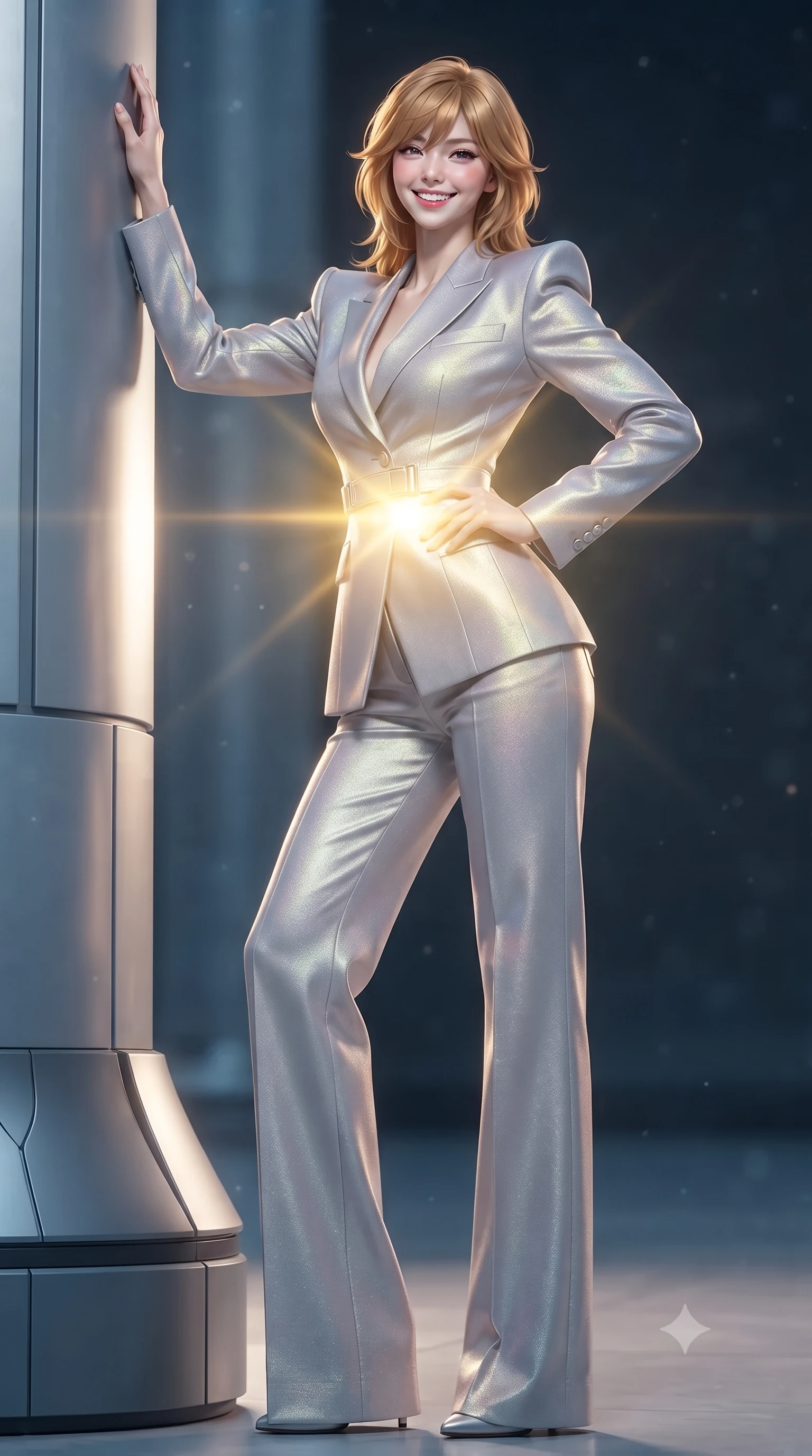 score_9, masterpiece, best quality, ultra-detailed, high-budget anime keyframe, editorial fashion photography, tasteful artistic composition, Korean woman. low angle full-body shot from head to toe showing her feet, filling the entire 9:16 vertical frame with her statuesque presence, stretching her vertical silhouette. standing tall beside the architectural column, one hand resting high while arching her lower back to emphasize her sculpted feminine hips and slender waist while twisting her slender torso in an alluring contrapposto stance, blinding solar flare coronas casting golden brilliance across her narrow waist and curvy hips. The background shows a soft-focus ambient atmospheric particulate glow softened in deep-space Dyson structure shallow focus. She has an exceptionally tall and slender model-like 8.5-heads proportion, an ultra-slim waist, a flat toned midriff, narrow delicate ribcage, and beautifully sculpted feminine hips creating a graceful, slim hourglass silhouette without any bulky heaviness, with impossibly long slender legs. sharp v-shaped jawline, high-bridge nose, intricate jewel-like sparkling eyes with depth, thick eyelashes, glossy parted lips with a natural peach sheen, bright cheerful beaming smile with an enchanting and coquettish sensual glint, exuding both youthful cute charm and seductive allure, flawlessly proportioned anatomical accuracy, strict slender model proportions, natural body alignment, perfectly sculpted long slender limbs, ultra-slim waistline, clean dynamic posture without body distortion. wearing a bespoke Neo-Tokyo structured blazer with angular padded shoulders and wide-leg tailored tech-wool trousers in iridescent mother-of-pearl and liquid molten silver, tailored from high-density tech-wool with subtle metallic thread weave, finished with sleek magnetic buckle closures fluttering in the breeze, the impeccably tailored cut draping gracefully along her slender figure with aristocratic poise. bathed in the blinding warm golden 4000K solar radiance filtered through polarizing quantum smart-glass. ultra-reflective glossy finish, specular highlights, rich textural contrasts, high-contrast stereoscopic depth, volumetric dynamic lighting, 2k, ultra detail, master piece, 9:16 ratio
