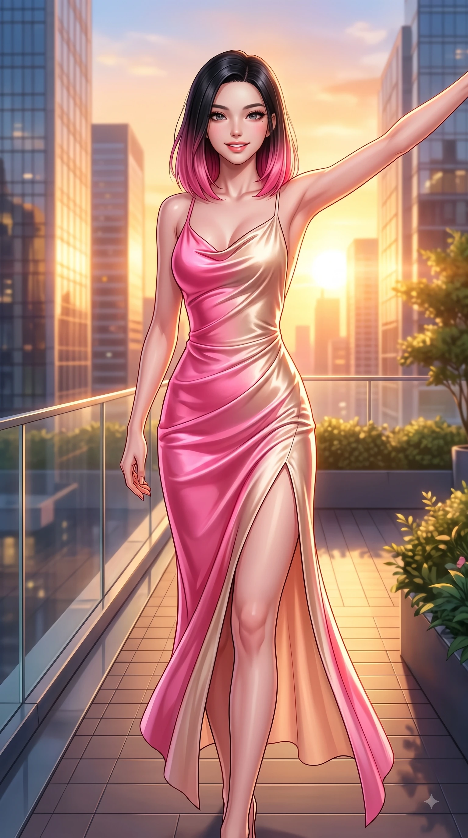 score_9, masterpiece, best quality, ultra-detailed, high-budget anime keyframe, editorial fashion photography, tasteful artistic composition, Korean woman. close-up cowboy shot from the waist and thighs up, the character dominates the composition, filling the frame with her large presence. Extending one arm in an elegant stretch toward the light while smiling with vibrant, youthful self-assurance while walking down a sunlit rooftop deck as golden hour paints the modern urban towers. The composition keeps background elements in soft focus with dreamy bokeh. rooftop deck glass railings and terrace greenery softened in smooth shallow focus. She has an exceptionally elegant, slender, and willowy female figure with an ultra-slim waist, a gracefully sculpted slender torso, and a refined silhouette. sharp v-shaped jawline, high-bridge nose, intricate jewel-like eyes with depth, thick eyelashes, glossy lips with a natural sheen, flawlessly proportioned anatomical accuracy, natural body alignment, perfectly sculpted elegant limbs, clean dynamic posture without body distortion. wearing a precision-fitted liquid satin slip dress with fluid draped lines and an open back in bright cherry blossom pink and champagne, made of lustrous stretch velvet, featuring a sleek side leg slit ascending to mid-thigh, the sleek second-skin texture accentuating her magnetic presence. surrounded by a sophisticated, glamorous, and modern nightlife aura. highly saturated vibrant anime colors, detailed shading with soft gradients, rich glossy textures, high-contrast stereoscopic depth, volumetric dynamic lighting, master piece, 9:16 ratio