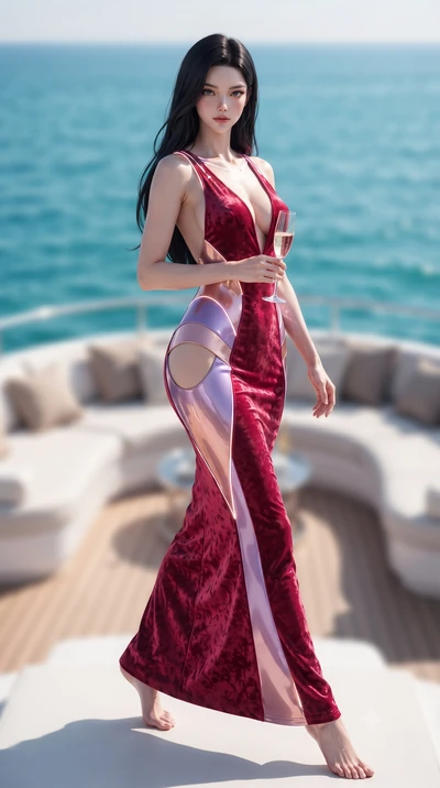 score_9, masterpiece, best quality, ultra-detailed, high-budget anime keyframe, editorial fashion photography, tasteful artistic composition, Korean woman. low angle full-body shot from head to toe showing her feet, filling the entire 9:16 vertical f