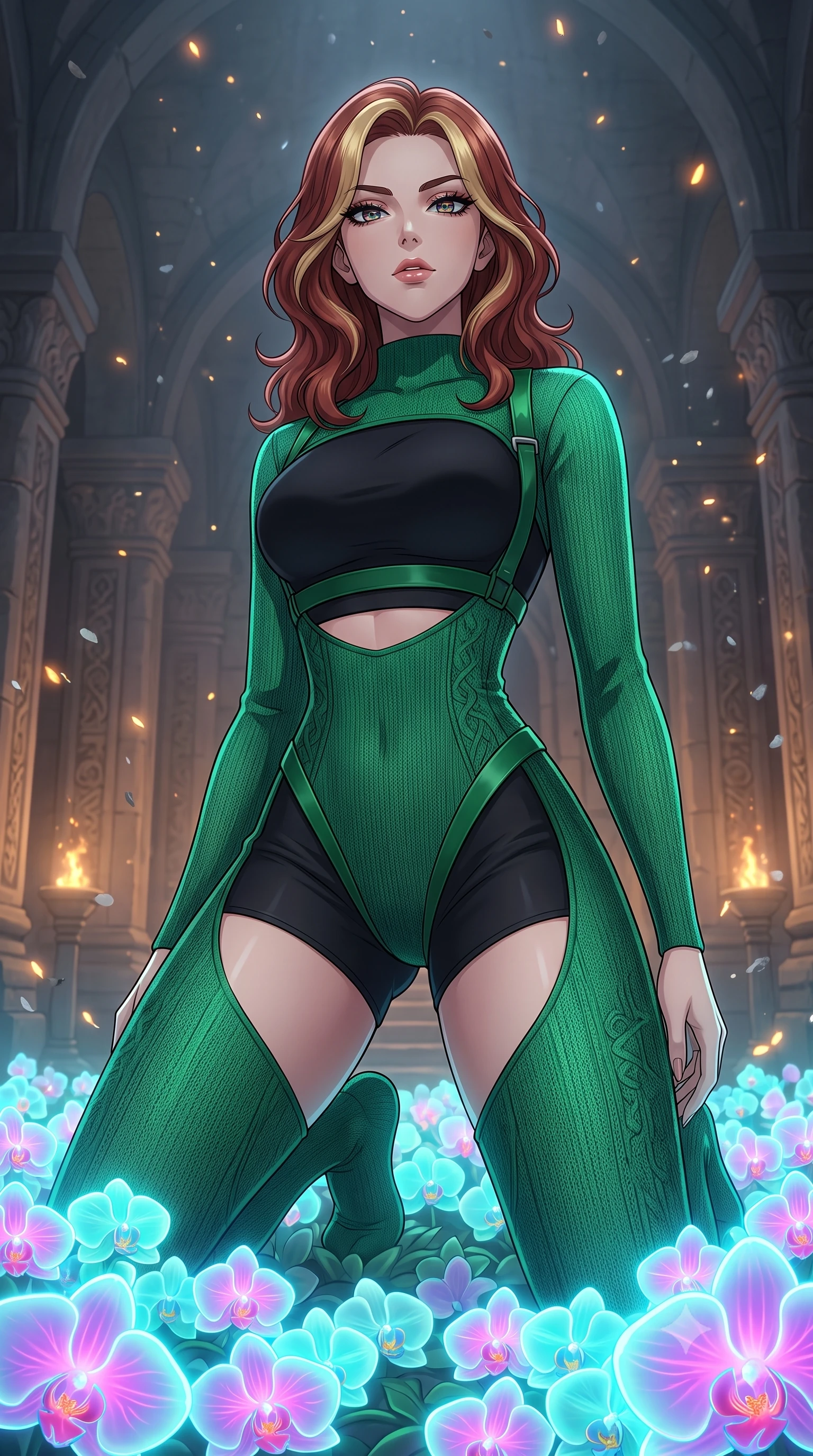 score_9, masterpiece, best quality, ultra-detailed, High-budget Anime Keyframe, Caucasian woman, strictly human ears. Low angle cowboy shot filling the entire 9:16 frame with her statuesque presence. Scenario 433: kneeling on a soft bed of glowing neon orchids under a quiet chamber filled with glowing embers and floating ash particles. Her presence is magnetic and overpowering in this high-budget anime scene. Outfit 433: a tailored emerald green bodycon knit bodysuit worn over an opaque crop top and high-waisted shorts. The clothing is designed to emphasize her exceptionally tall and slender 8-heads proportion. 8-heads proportion, towering silhouette, ultra-slim waist. sharp v-shaped jawline, intricate jewel-like eyes with depth, thick eyelashes, glossy lips. 2k, ultra detail, master piece, 9:16 ratio