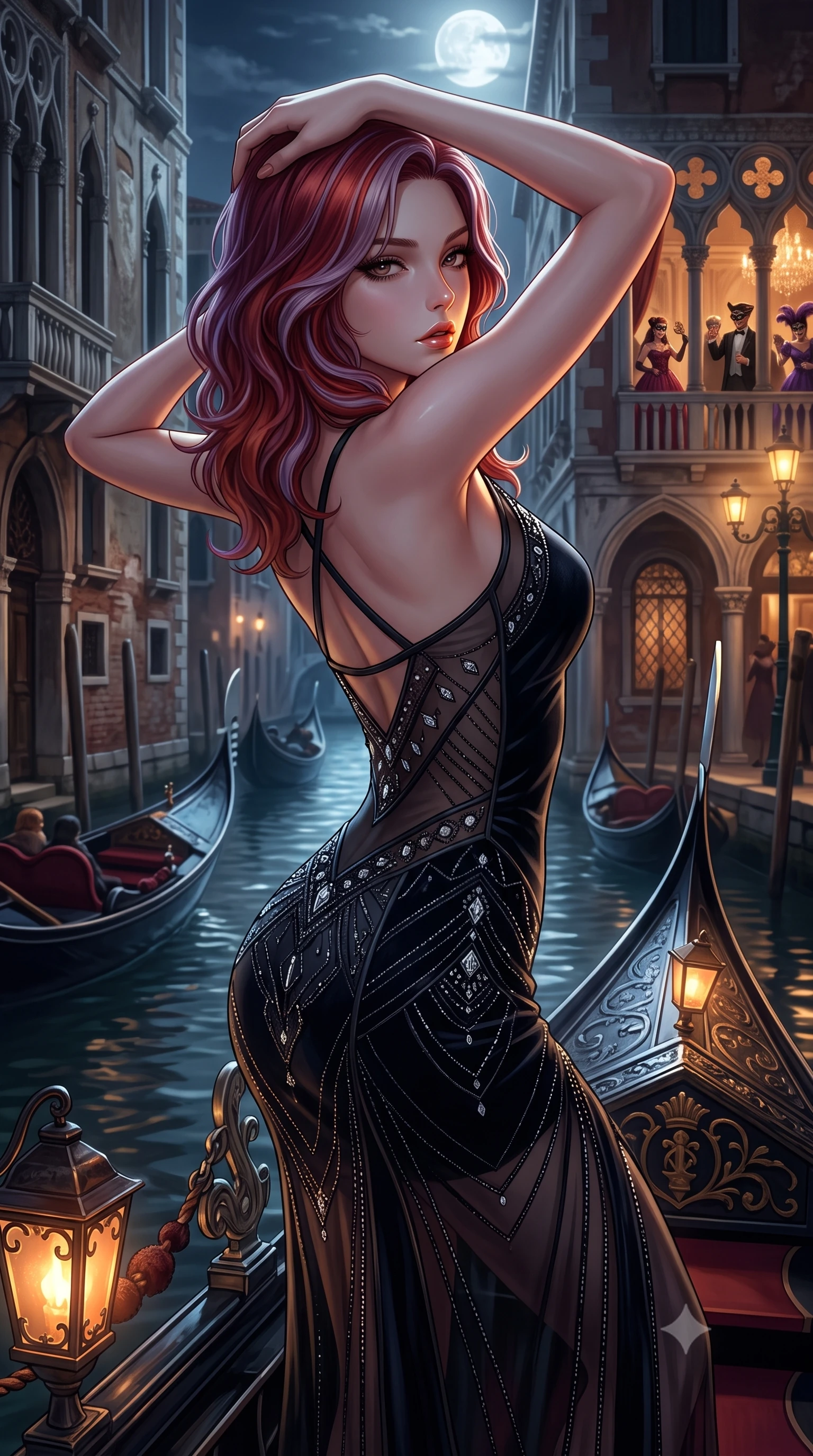 score_9, masterpiece, best quality, ultra-detailed, high-budget anime keyframe, semi-realistic 3D game render, editorial fashion photography, tasteful artistic composition, Caucasian woman. close-up cowboy shot from the waist and thighs up, the character dominates the composition, filling the frame with her large presence. twisting her slender torso in a deep contrapposto stance, hips dramatically shifted to accentuate her feminine curves while looking past her shoulder with smoldering bedroom-eyes while stretching languidly on the gondola daybed with hands raised behind her head, parted glossy lips reflecting flickering lantern glow. The surrounding environment is rendered in vivid detail and crisp panoramic clarity. rich high-contrast Venetian nocturnal chiaroscuro and decadent masquerade romance aesthetics in precision. She has an exceptionally elegant, slender, and willowy female figure with an ultra-slim waist, flat toned midriff, narrow ribcage, and sculpted feminine hips creating an alluring, slim hourglass silhouette without bulk. sharp v-shaped jawline, high-bridge nose, intricate jewel-like eyes with depth, thick eyelashes, glossy parted lips with a natural sheen, intensely captivating and seductive bedroom-eyes expression, flawlessly proportioned anatomical accuracy, strict slender model proportions, natural body alignment, perfectly sculpted long slender limbs, ultra-slim waistline, clean dynamic posture without body distortion. wearing a sheer vintage mesh flapper dress adorned with intricate geometric beadwork over an opaque silk slip in pitch-black velvet with diamond crystal trim, crafted from second-skin supple lambskin leather with liquid drape, finished with criss-cross back satin straps highlighting her graceful shoulder blades, the liquid-tight tailored fabric clinging flawlessly to her narrow waist and rounded feminine hips, emphasizing every millimeter of her sculpted slim hourglass curves without any bulky heaviness. bathed in cool silver full-moon light streaming from above and warm amber gondola lantern uplights. highly saturated vibrant anime colors, detailed shading with soft gradients, rich glossy textures, high-contrast stereoscopic depth, volumetric dynamic lighting, master piece, 9:16 ratio