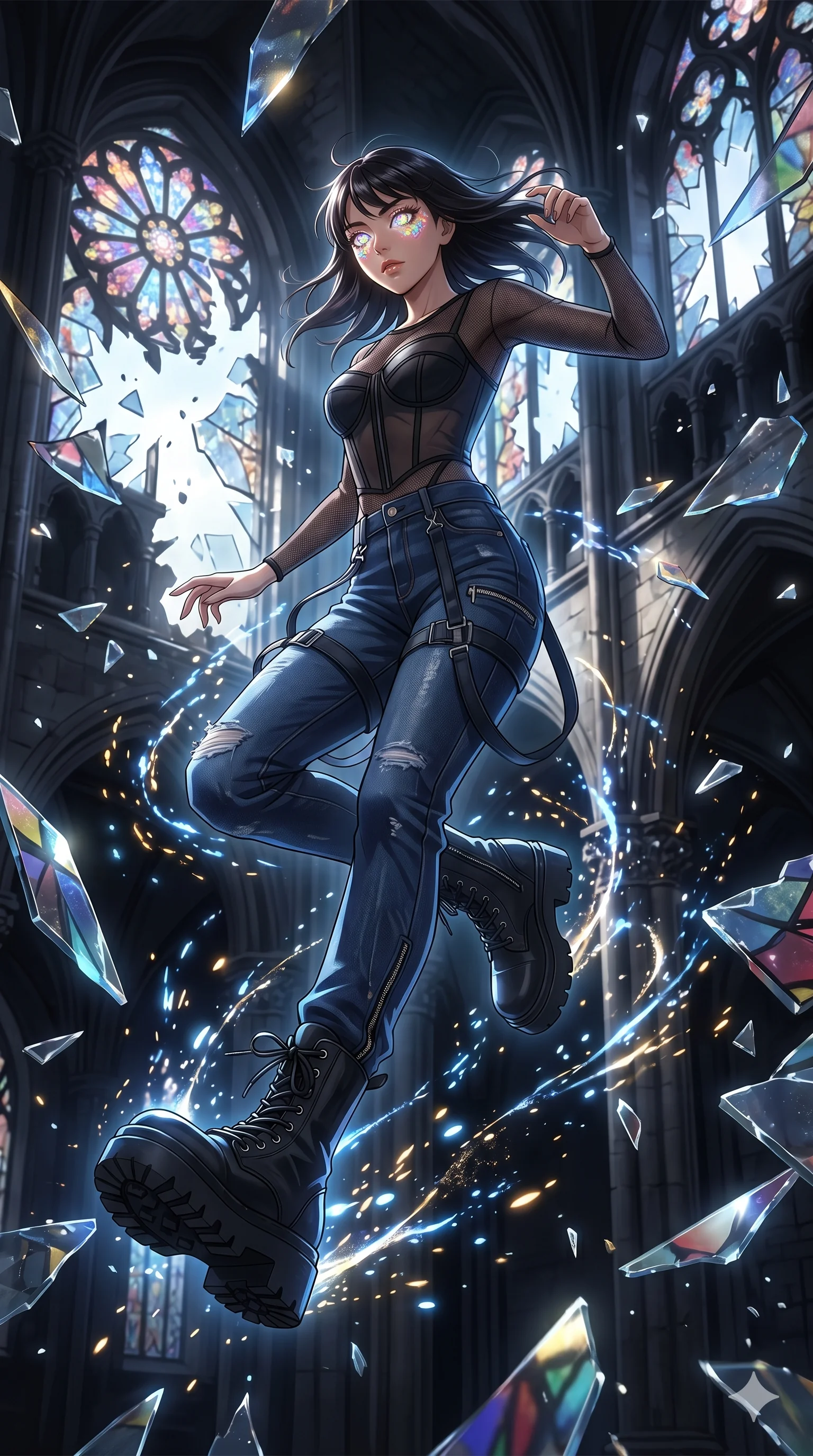 score_9, masterpiece, best quality, ultra-detailed, Set A: High-budget Anime Keyframe, Japanese woman. Low angle cowboy shot filling the entire 9:16 frame with her statuesque presence. Leaping through a shattered glass cathedral, while her eyes glow with 220 different colors and surrounded by glowing energy sparks. She has an absolutely perfect 8-heads proportion, an exceptionally tall and slender female figure with impossibly long slender legs and an ultra-slim waist. Sharp v-shaped jawline, high-bridge nose, intricate jewel-like eyes with depth, thick eyelashes, glossy lips with a natural sheen. Wearing Sheer corset top with high-waist tech-denim and heavy platform combat boots. Cinematic lighting, vibrant colors, dramatic shadows, 2k, ultra detail, master piece, 9:16 ratio