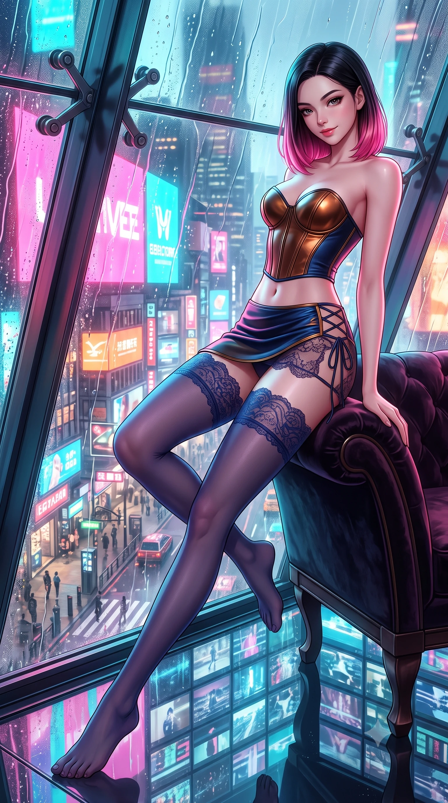 score_9, masterpiece, best quality, ultra-detailed, high-budget anime keyframe, semi-realistic 3D game render, editorial fashion photography, tasteful artistic composition, Korean woman. low angle full-body shot from head to toe showing her feet, filling the entire 9:16 vertical frame with her statuesque presence, stretching her vertical silhouette. reclining gracefully across the plush chaise lounge with one leg extended, her sculpted silhouette and flat midriff radiating magnetic nocturnal glamour while leaning against the outward-canted glass with hips cocked back, looking down through steaming thermal water at the bustling neon streets. The surrounding environment is rendered in vivid detail and crisp panoramic clarity: sharp exterior structural steel spider clamps, water droplets sliding down heated glass, and video screen pixel grids in deep focus. She has an absolutely perfect, statuesque 8.5-heads proportion, an exceptionally tall and slender model-like female figure with impossibly long slender legs, an ultra-slim waist, a flat toned midriff, narrow delicate ribcage, and beautifully sculpted feminine hips creating a graceful, slim hourglass silhouette without any bulky heaviness. sharp v-shaped jawline, high-bridge nose, sparkling eyes with hypnotic seductive depth, thick curled eyelashes, glossy parted lips with a natural dewy peach sheen, alluring bedroom-eyes with an enchanting coquettish smile, exuding magnetic siren charisma and sophisticated glamour, flawlessly proportioned anatomical accuracy, strict slender model proportions, natural body alignment, perfectly sculpted long slender limbs, ultra-slim waistline, clean dynamic posture without body distortion. wearing a structured boned leatherette corset bodice paired with an ultra-short micro-wrap mini skirt and sheer thigh-high stockings in molten liquid bronze and deep sapphire navy, made of delicate semi-sheer French Chantilly lace with intricate eyelash edges, featuring fine criss-cross lace-up side ties revealing tantalizing glimpses of her hip curve, the liquid-tight tailored fabric clinging flawlessly to her narrow waist and rounded feminine hips, emphasizing every millimeter of her sculpted slim hourglass curves without any bulky heaviness. bathed in dynamic shifting saturated neon pink, cyan, and amber light projected horizontally from monumental electronic billboards. highly saturated vibrant anime colors, detailed shading with soft gradients, rich glossy textures, high-contrast stereoscopic depth, volumetric dynamic lighting, master piece, 9:16 ratio