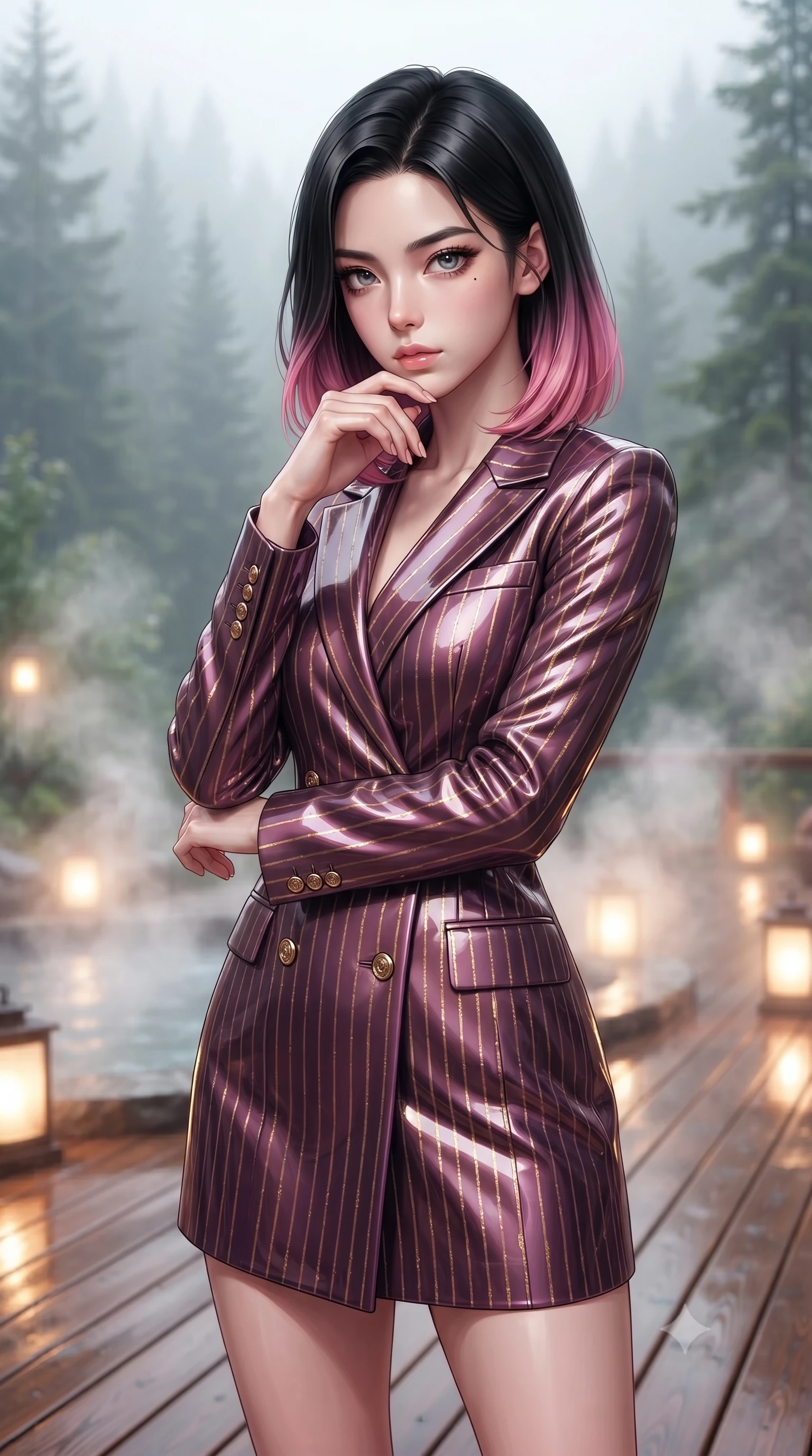 score_9, masterpiece, best quality, ultra-detailed, high-budget anime keyframe, editorial fashion photography, tasteful artistic composition, Korean woman. close-up cowboy shot from the waist and thighs up, the character dominates the composition, filling the frame with her large presence, background elements kept in soft focus. Resting her chin on the backs of her fingers, casting a sharp, mysterious gaze poised on a polished wooden deck overlooking a serene mist-covered alpine forest, swirling thermal steam clouds scattering soft golden lantern light. She has an exceptionally elegant, slender, and willowy female figure with an ultra-slim waist, a gracefully sculpted slender torso, and a refined silhouette. sharp v-shaped jawline, high-bridge nose, intricate jewel-like eyes with depth, thick eyelashes, glossy lips with a natural sheen. wearing a double-breasted blazer dress with metallic pin-stripes in plum purple and gold filigree, tailored from high-gloss patent leather, complemented by criss-cross back straps highlighting her bare shoulders, the tailored fabric tightly following every curve of her athletic build. bathed in soft warm lantern light filtered through gentle thermal steam. highly saturated vibrant anime colors, detailed shading with soft gradients, rich glossy textures, high-contrast stereoscopic depth, volumetric dynamic lighting, master piece, 9:16 ratio