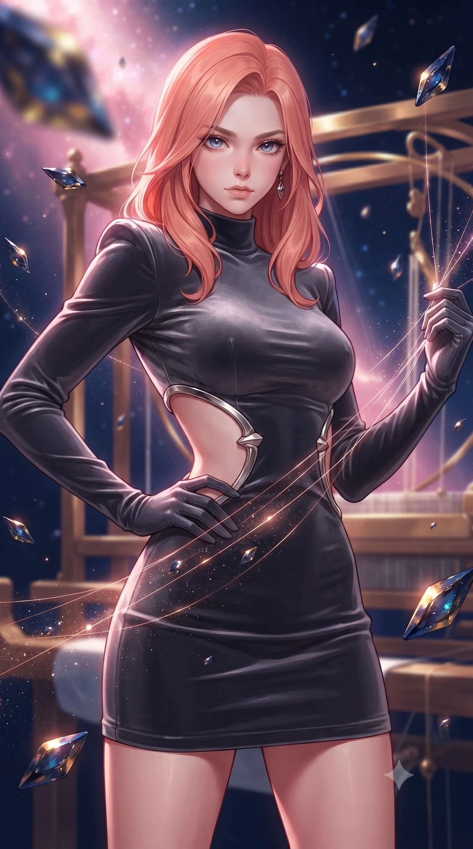 score_9, masterpiece, best quality, ultra-detailed, high-budget anime keyframe, editorial fashion photography, tasteful artistic composition, Japanese woman. close-up cowboy shot from the waist and thighs up, the character dominates the composition, filling the frame with her large presence, background elements kept in soft focus. Holding a confident power pose with one hand on her hip, gazing directly into the camera with quiet intensity threading brilliant comet dust through a golden celestial loom, floating meteor shards reflecting deep navy and gold hues. She has an exceptionally elegant, slender, and willowy female figure with an ultra-slim waist, a gracefully sculpted slender torso, and a refined silhouette. sharp v-shaped jawline, high-bridge nose, intricate jewel-like eyes with depth, thick eyelashes, glossy lips with a natural sheen. wearing a dramatic open-waist cutout mini dress framed by sculptural hardware in charcoal grey and platinum, made of premium stretch velvet with a rich sheen, featuring clean architectural cutouts along her slender torso, the glove-like fit emphasizing her statuesque silhouette. bathed in radiant cosmic pink and deep navy blue ambient light. highly saturated vibrant anime colors, detailed shading with soft gradients, rich glossy textures, high-contrast stereoscopic depth, volumetric dynamic lighting, master piece, 9:16 ratio