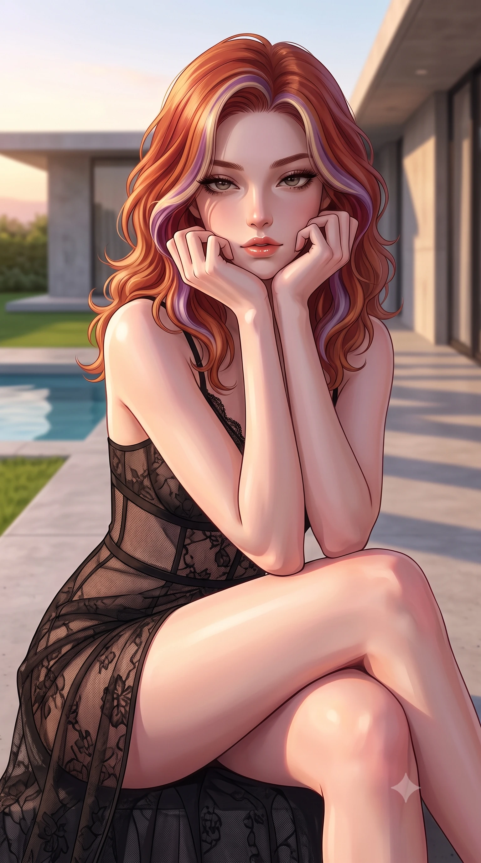 score_9, masterpiece, best quality, ultra-detailed, high-budget anime keyframe, editorial fashion photography, tasteful artistic composition, Caucasian woman woman. close-up cowboy shot from the waist and thighs up, the character dominates the composition, filling the frame with her large presence, background elements kept in soft focus. resting her chin on the backs of her fingers, casting a heavy-lidded, sultry look past the camera the background shows a soft-focus a concrete deck of a minimalist luxury villa, with a private pool and green lawn. She has an exceptionally elegant, slender, and willowy female figure with an ultra-slim waist, a gracefully sculpted slender torso, and a refined silhouette. sharp v-shaped jawline, high-bridge nose, intricate jewel-like eyes with depth, thick eyelashes, glossy lips with a natural sheen. wearing a tailored sheer lace slip dress in black, featuring a semi-transparent mesh panels along the waist. warm sunset light casting long clean shadow lines from the villa's architecture. 2k, ultra detail, master piece, 9:16 ratio