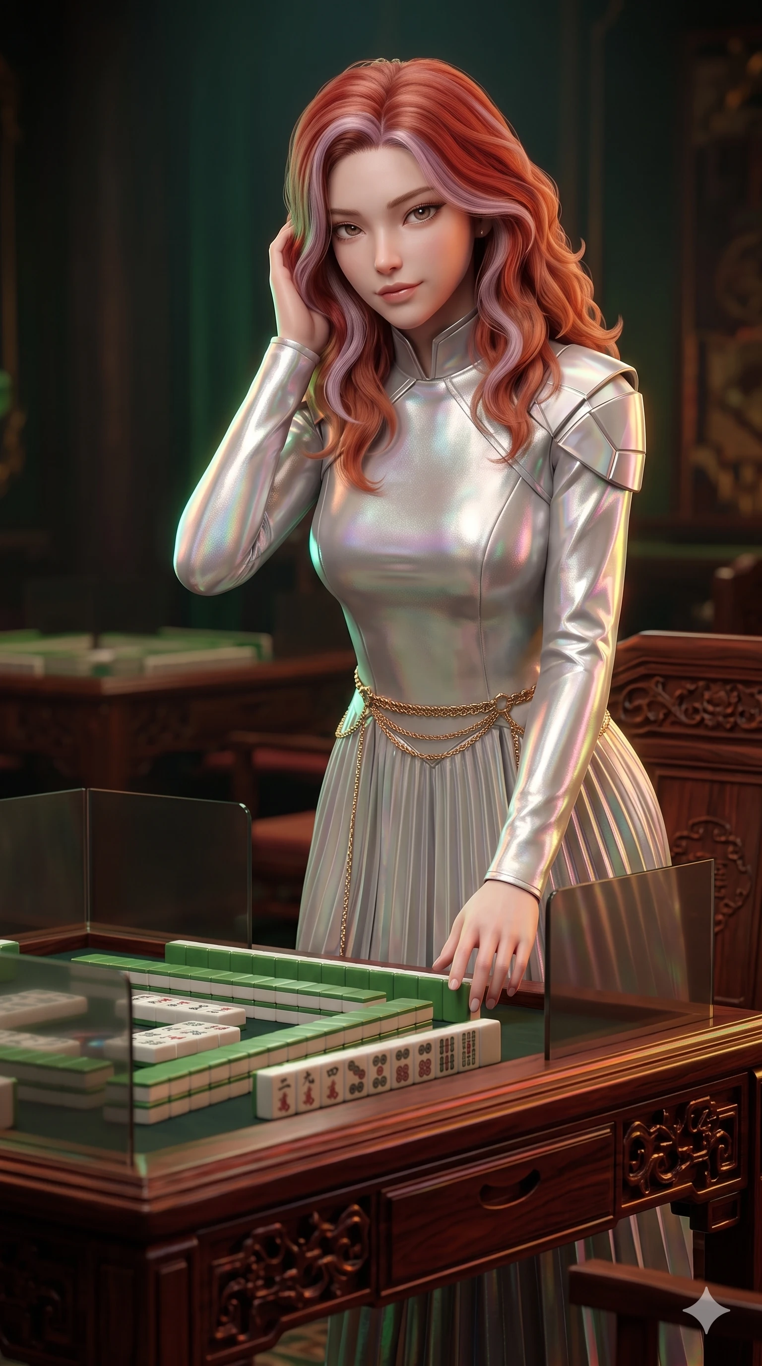 score_9, masterpiece, best quality, ultra-detailed, high-budget anime keyframe, semi-realistic 3D game render, editorial fashion photography, tasteful artistic composition, Caucasian woman. close-up cowboy shot from the waist and thighs up, the character dominates the composition, filling the frame with her large presence. gently brushing a lock of hair behind her ear while casting a playful, flirtatious side-gaze with long eyelashes while leaning over the carved rosewood gaming table with hips cocked back, looking through smoked glass partitions with heavy-lidded seductive bedroom-eyes. The surrounding environment is rendered in vivid detail and crisp panoramic clarity: sharp hand-carved jade mahjong tile glyphs, mirror reflections on smoked glass, and crisp brass corner brackets in deep focus. She has an exceptionally elegant, slender, and willowy female figure with an ultra-slim waist, flat toned midriff, narrow ribcage, and sculpted feminine hips creating an alluring, slim hourglass silhouette without bulk. sharp v-shaped jawline, high-bridge nose, intricate jewel-like sparkling eyes with depth, thick eyelashes, glossy parted lips with a natural sheen, intensely captivating and seductive bedroom-eyes expression, exuding both youthful cute charm and sovereign luxury allure, flawlessly proportioned anatomical accuracy, strict slender model proportions, natural body alignment, perfectly sculpted long slender limbs, ultra-slim waistline, clean dynamic posture without body distortion. wearing a refined long-sleeve high-collar silk georgette diplomatic gown with structured geometric shoulder plates and pleated skirt in shimmering silver mercury and pearl white, crafted from luxurious metallic lamé that shifts radiance with every step, accented with a delicate gold chain belt resting loosely on her curvy hips, the bespoke structured tailoring following the natural line of her 8.5-heads silhouette with refined elegance. illuminated by polished table bounce and sharp emerald-amber rim lights defining her razor-sharp jawline, narrow waist, and curvy hips. highly saturated vibrant anime colors, detailed shading with soft gradients, rich glossy textures, high-contrast stereoscopic depth, volumetric dynamic lighting, master piece, 9:16 ratio